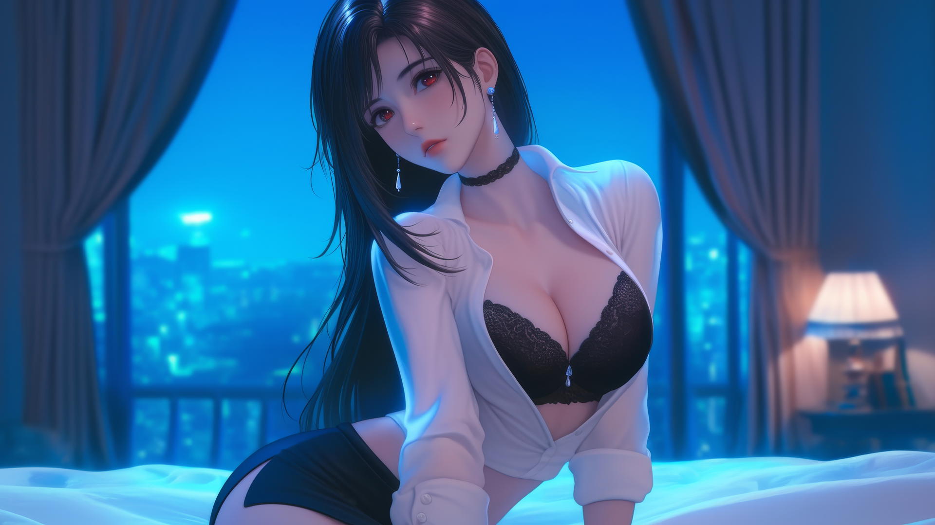 Tifa Lockhart kneeling, wearing a white office shirt, in a neon-lit modern hotel room.