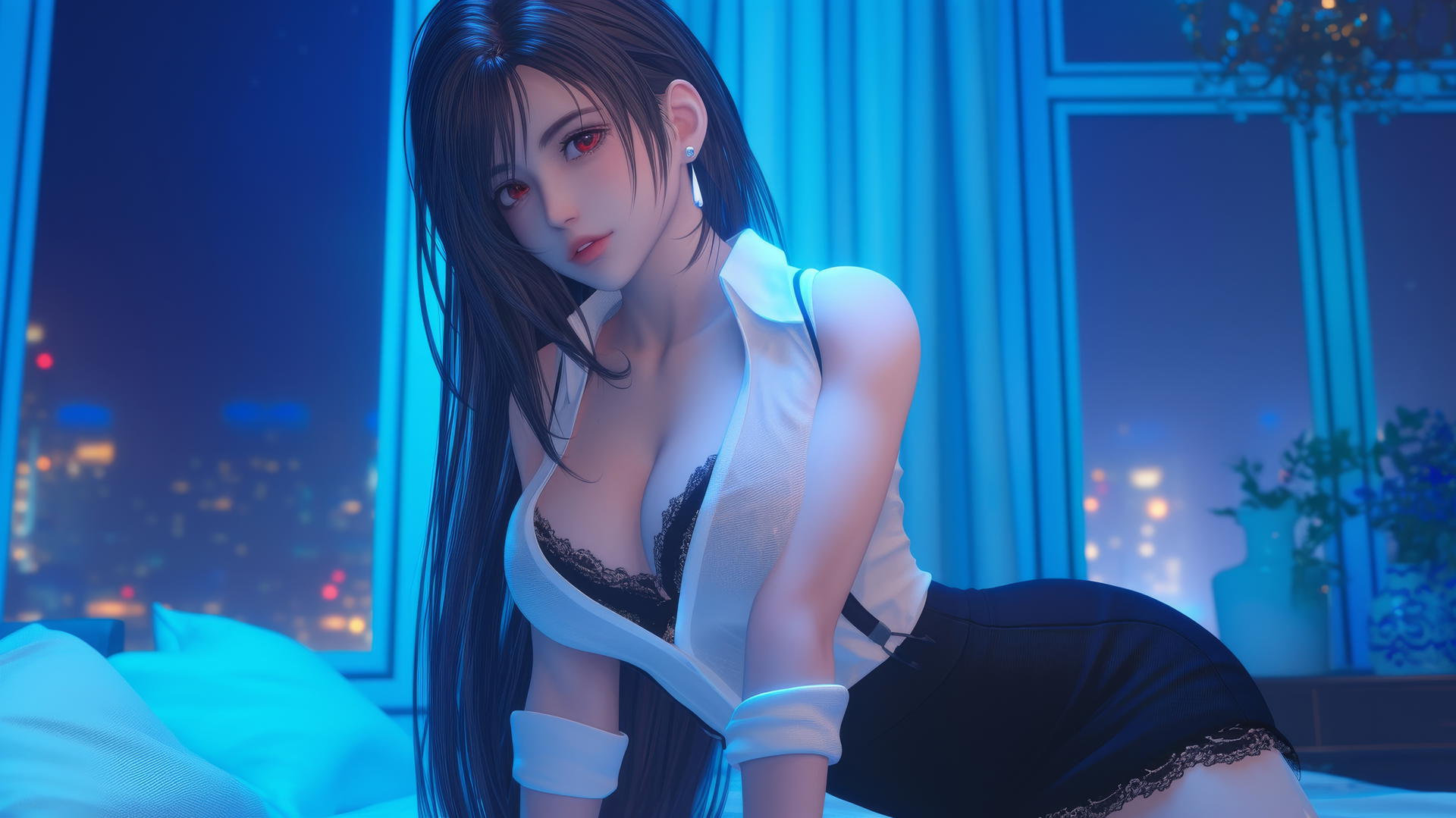 Tifa Lockhart kneeling, looking down, in a white office shirt, neon light glow