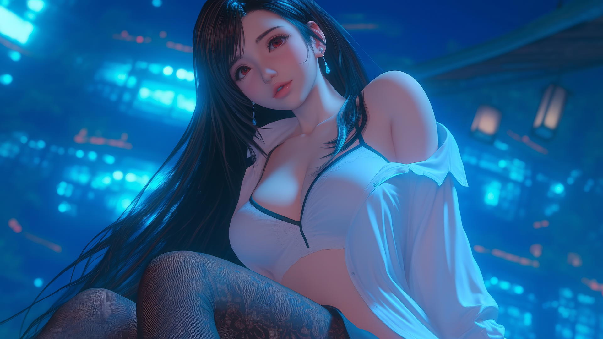 Tifa Lockhart from Final Fantasy in a white office shirt kneeling and looking down, neon-lit modern hotel room.