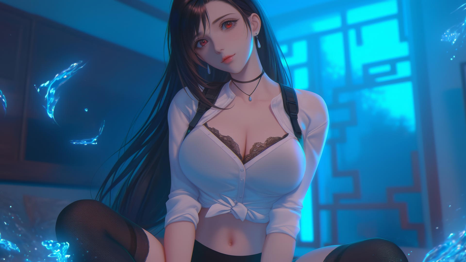 Tifa Lockhart kneeling in a modern hotel room with neon lighting.