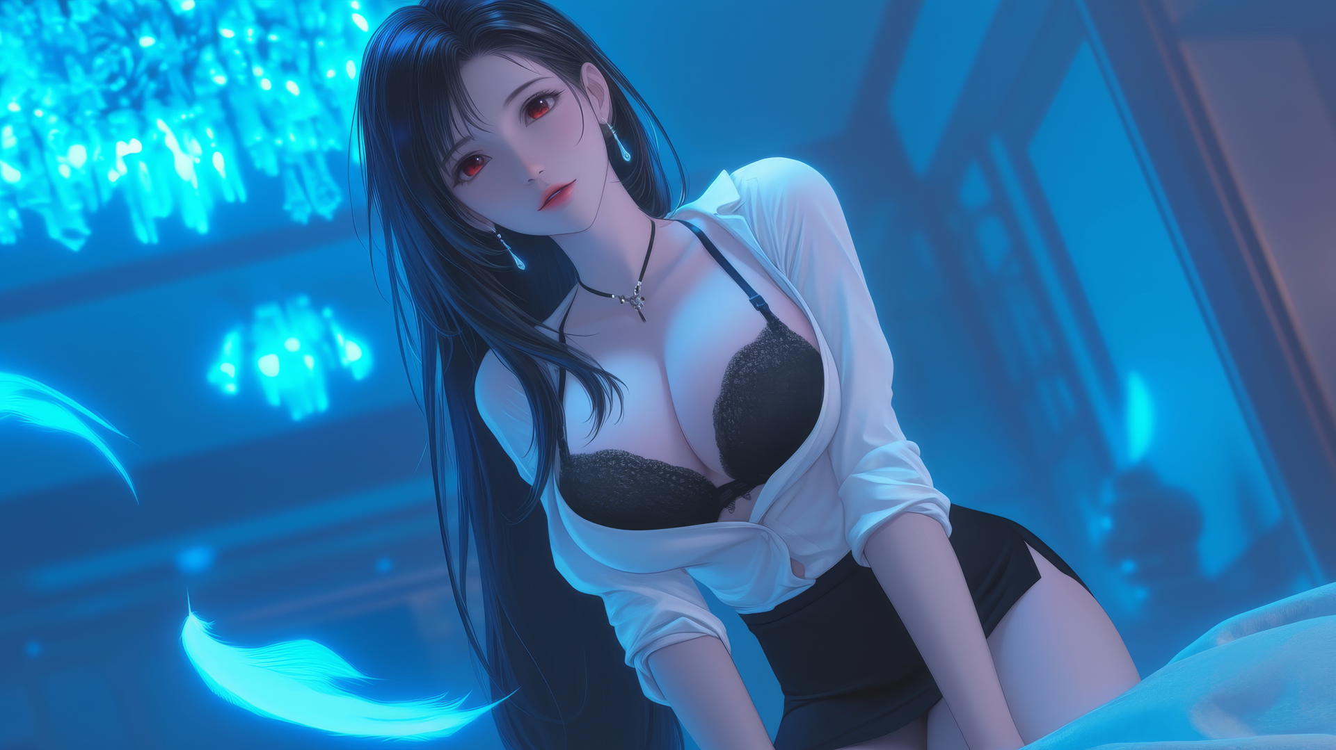 Tifa Lockhart kneeling, looking down, in a white office shirt under neon light.