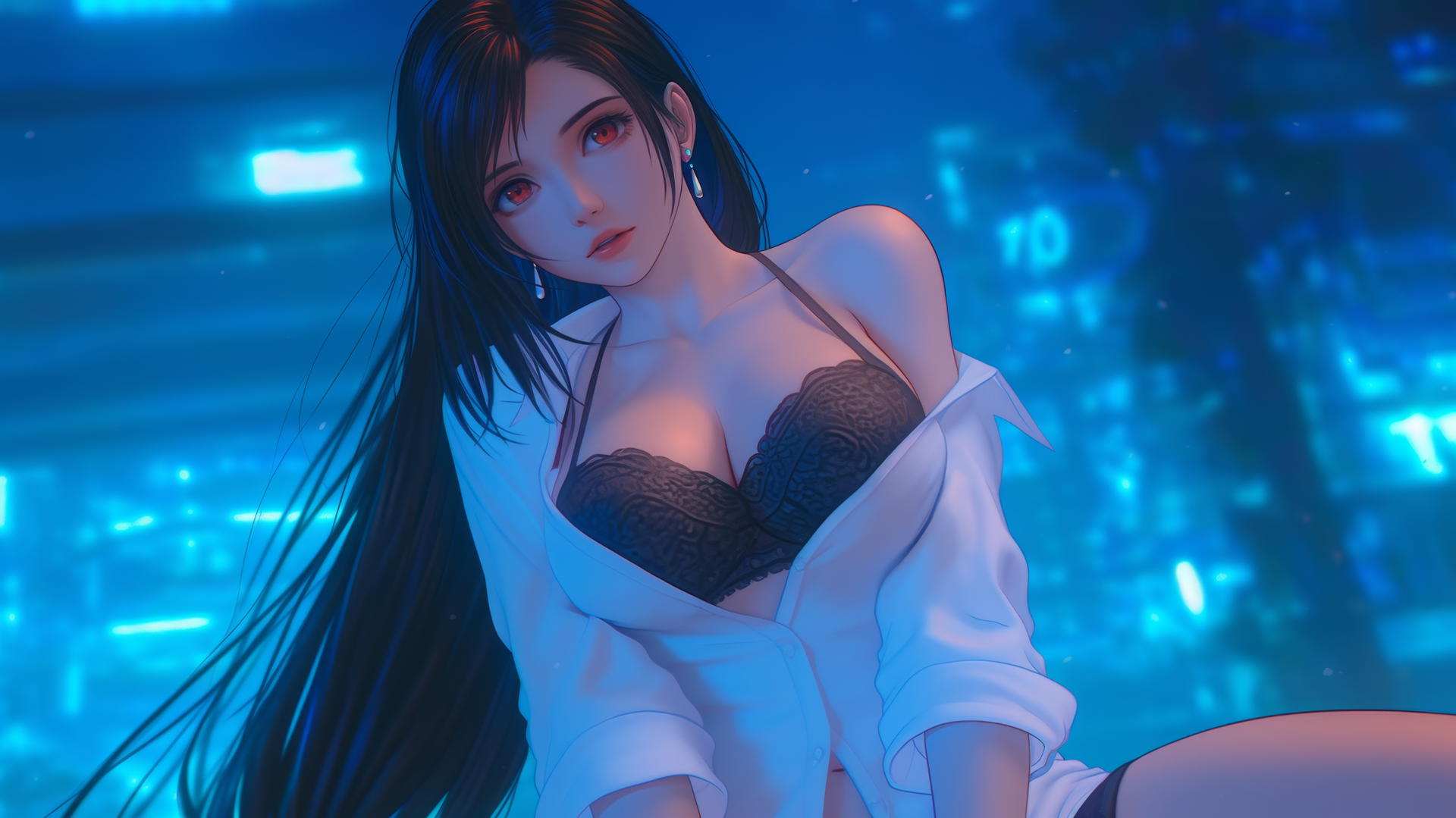 Tifa Lockhart kneeling in a white office shirt, neon light glow, hotel room.