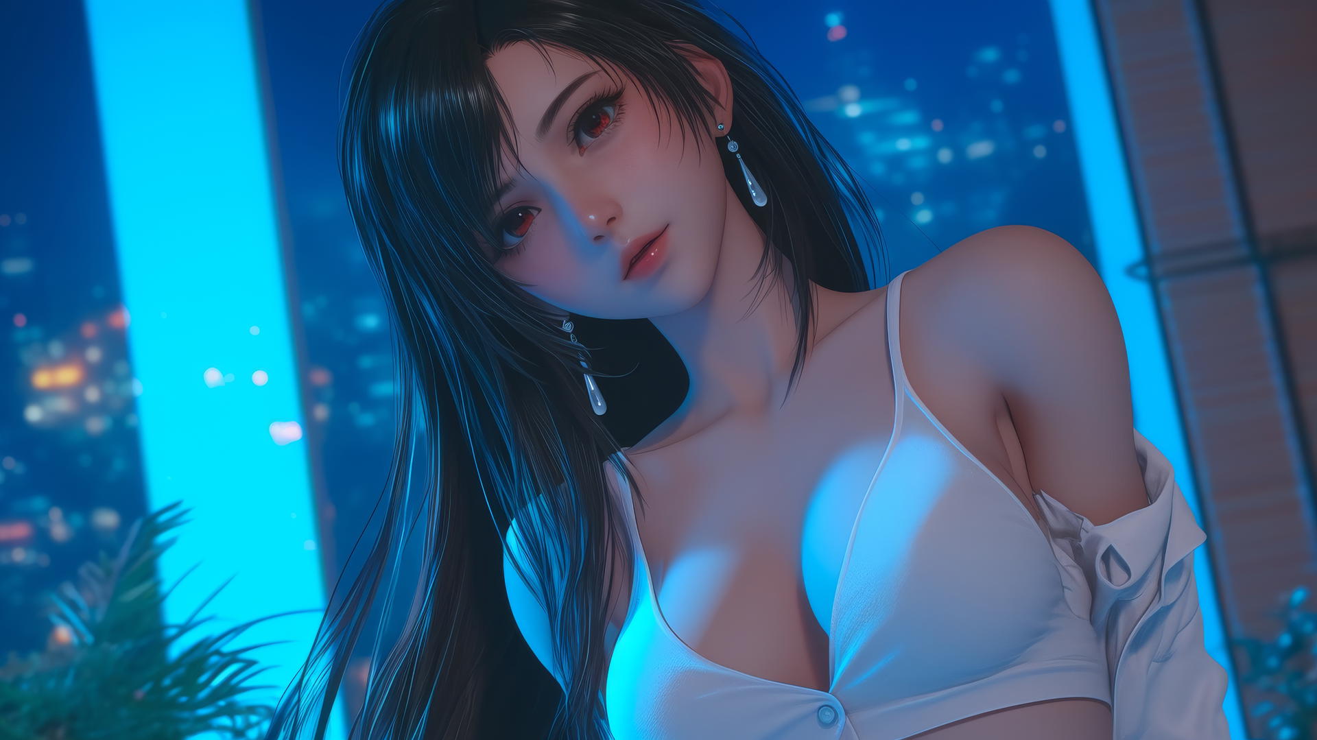 Tifa Lockhart from Final Fantasy kneeling, waist focus, neon-lit modern hotel room