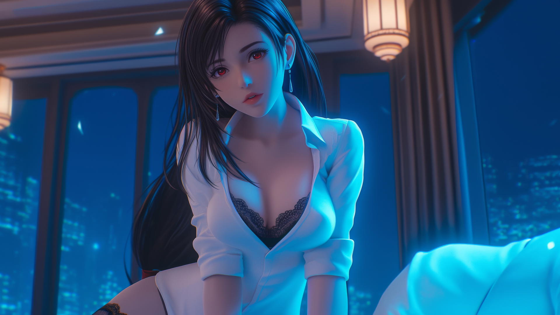 Tifa Lockhart kneeling, looking down, in a modern hotel room with neon lighting.