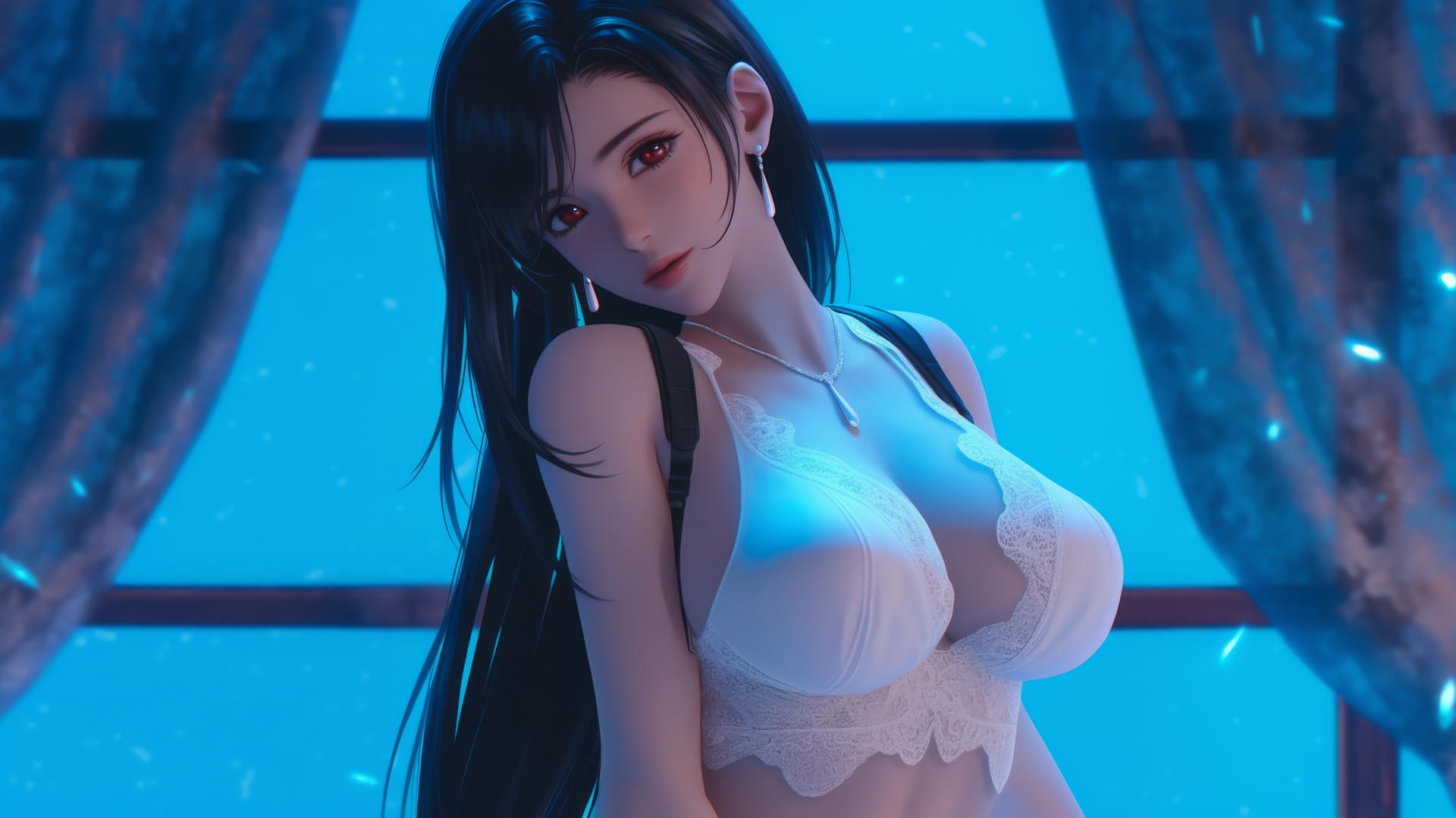 Tifa Lockhart kneeling and looking down, neon-lit modern hotel room