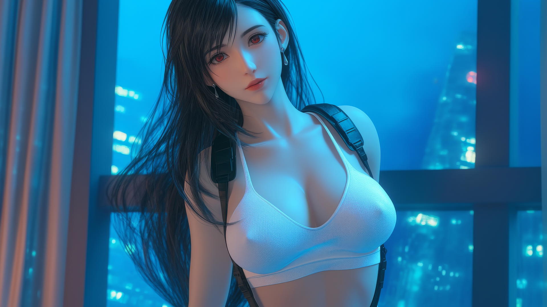 Tifa Lockhart kneeling with neon light casting a soft glow