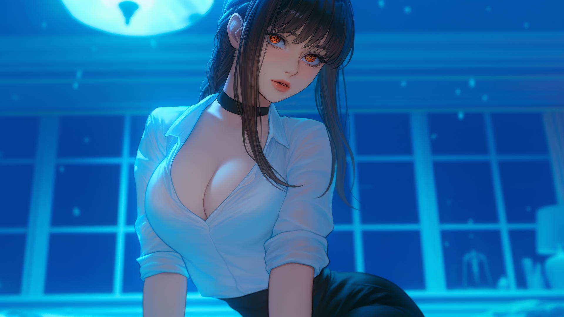 Makima from Chainsaw Man kneeling, neon-lit modern hotel room, looking down.
