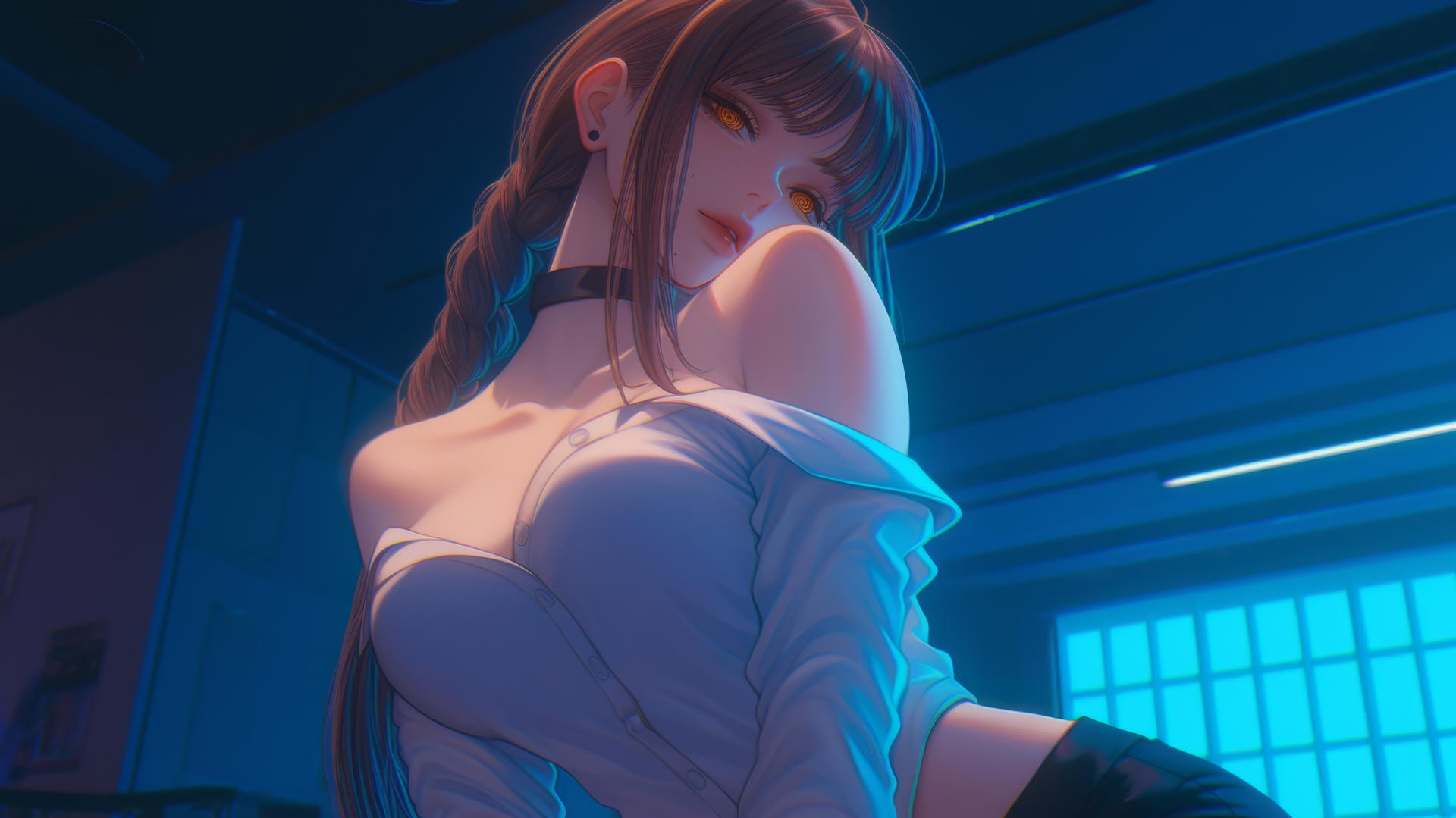 Makima from Chainsaw Man kneeling, looking straight down, neon-lit hotel room