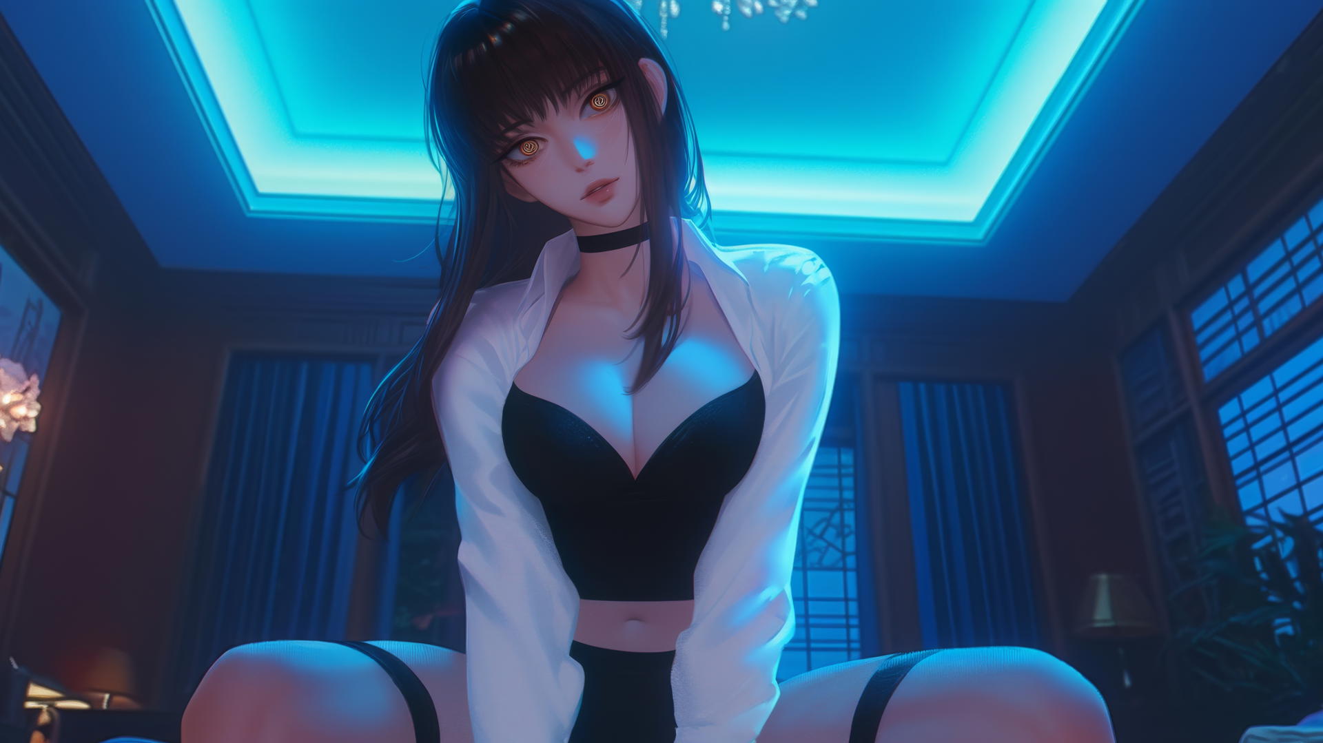 Makima from Chainsaw Man kneeling and looking down, neon-lit hotel room.