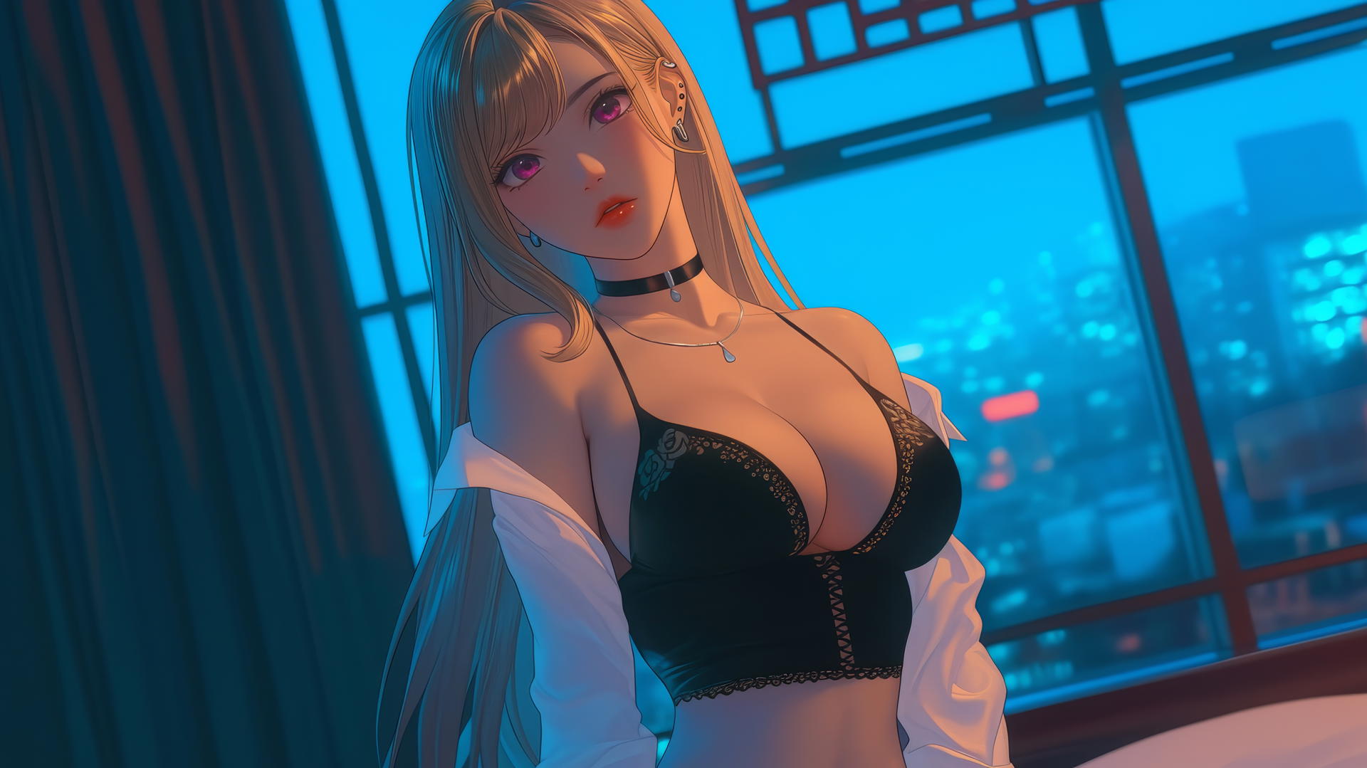 Marin Kitagawa kneeling, viewed from below in a neon-lit modern hotel room.