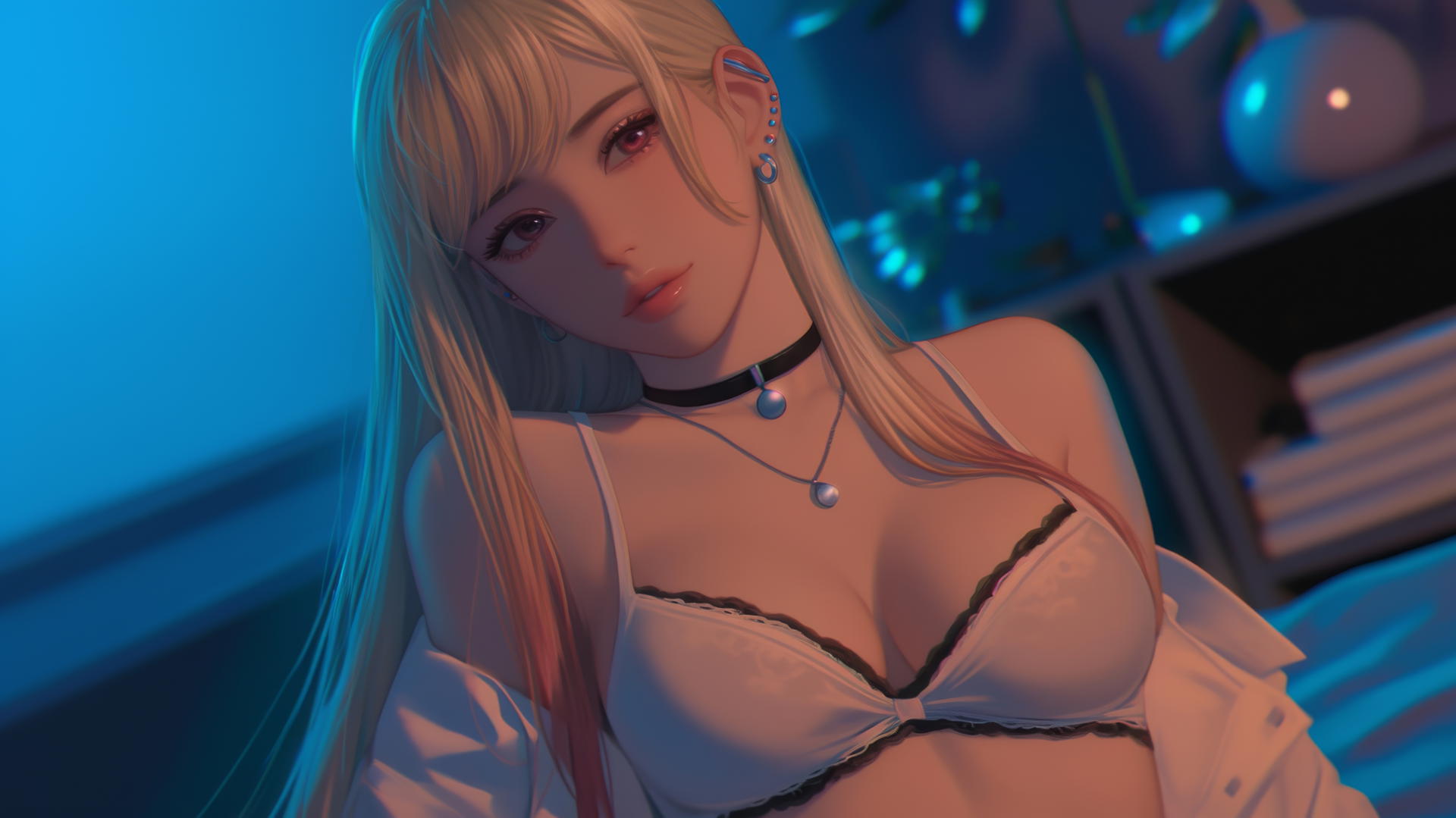 Marin Kitagawa kneels and looks down, illuminated by neon light in a modern hotel room.