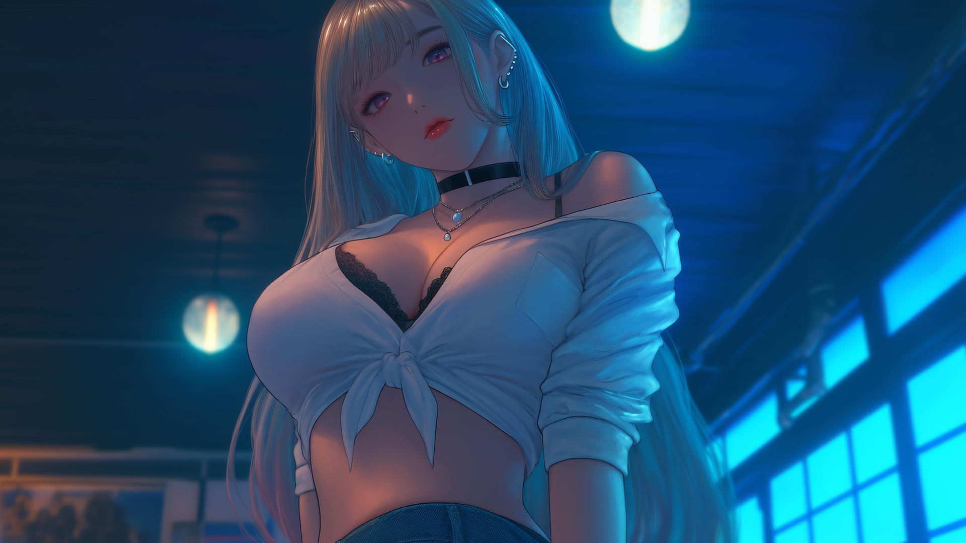 Marin Kitagawa kneeling with neon light glow in a modern hotel room, blonde and pink hair, pink eyes