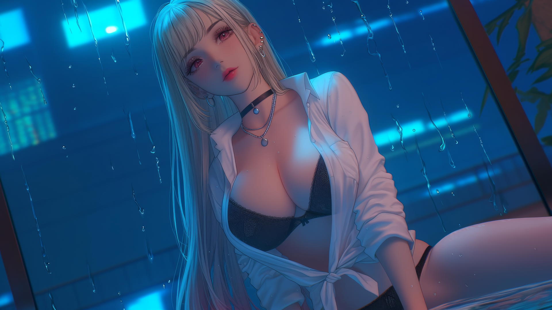 Marin Kitagawa kneeling, looking down, neon-lit hotel room, pinkish eyes, blonde hair.
