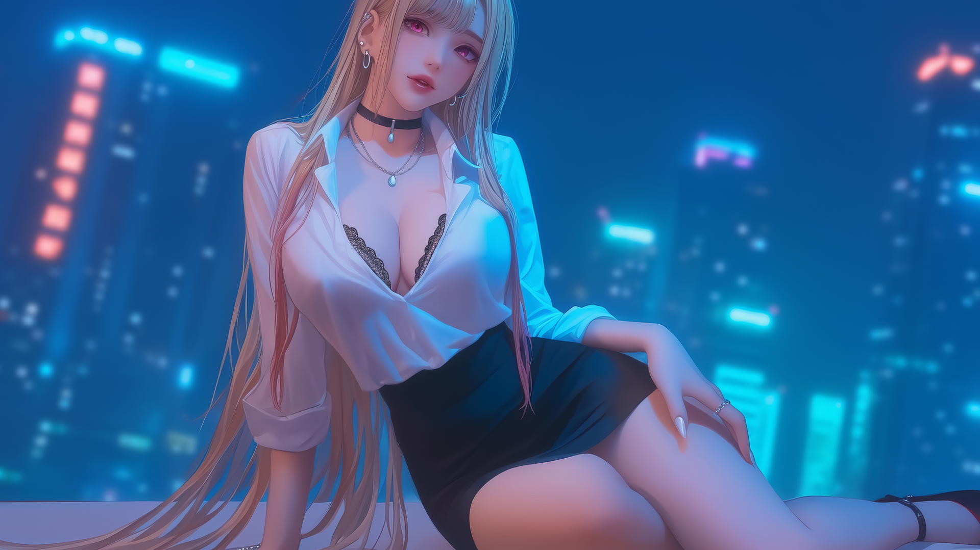 Marin Kitagawa kneeling with neon light glow in a modern hotel room.