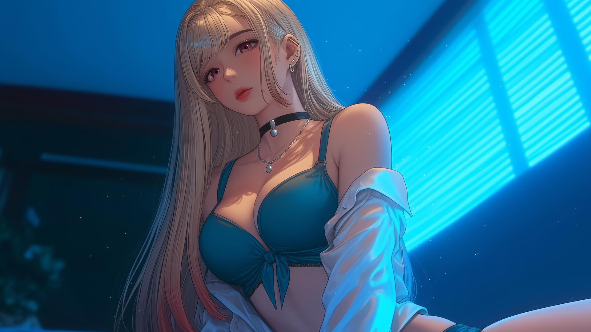Marin Kitagawa kneeling in neon-lit hotel room with blonde and pinkish-red hair