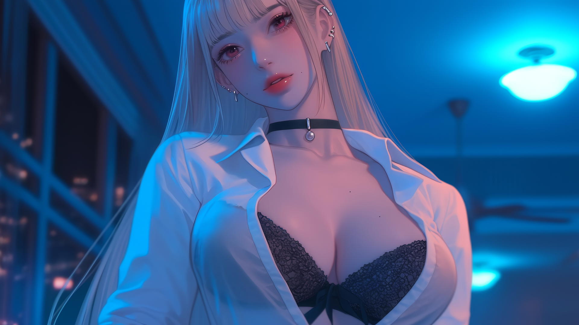 Marin Kitagawa kneeling, neon-lit modern hotel room, blonde hair with pink-orange tips.