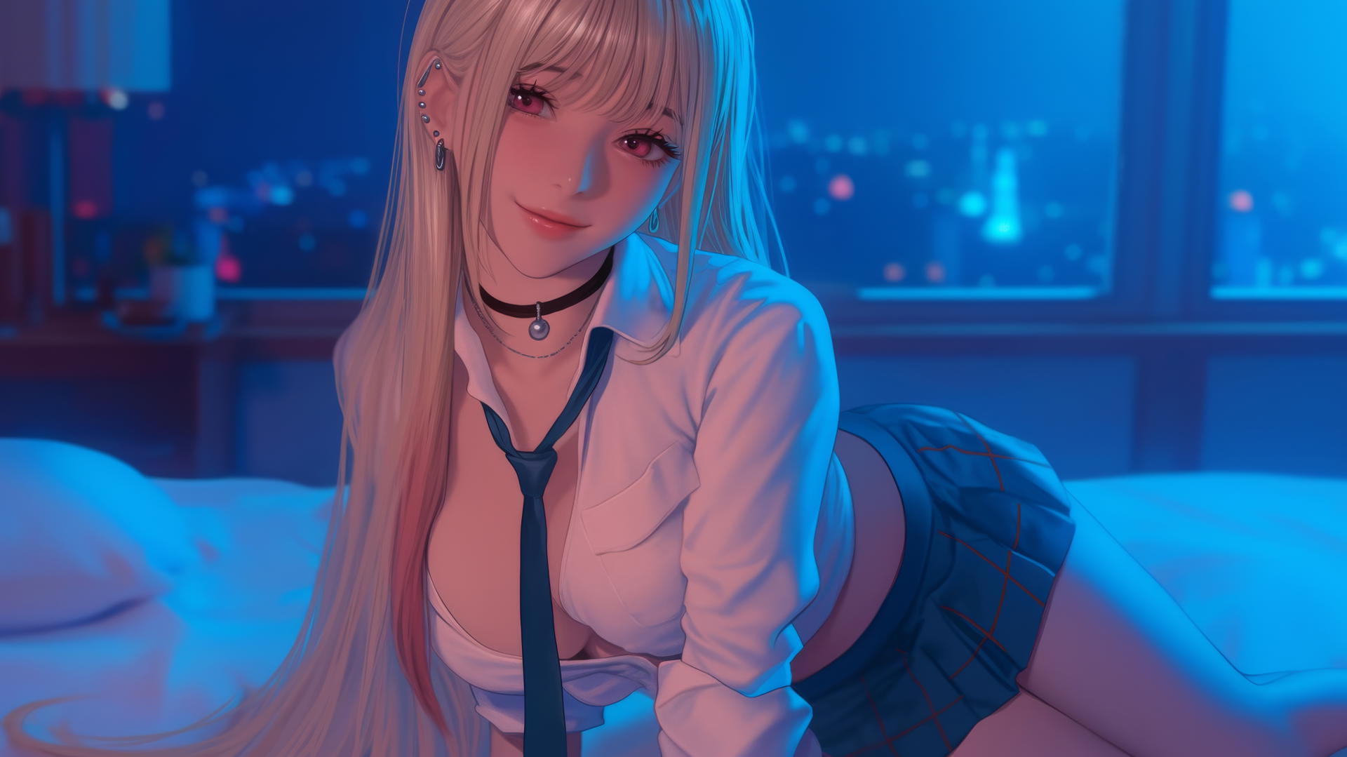 Marin Kitagawa from Kurikami City kneeling under neon lights, looking up