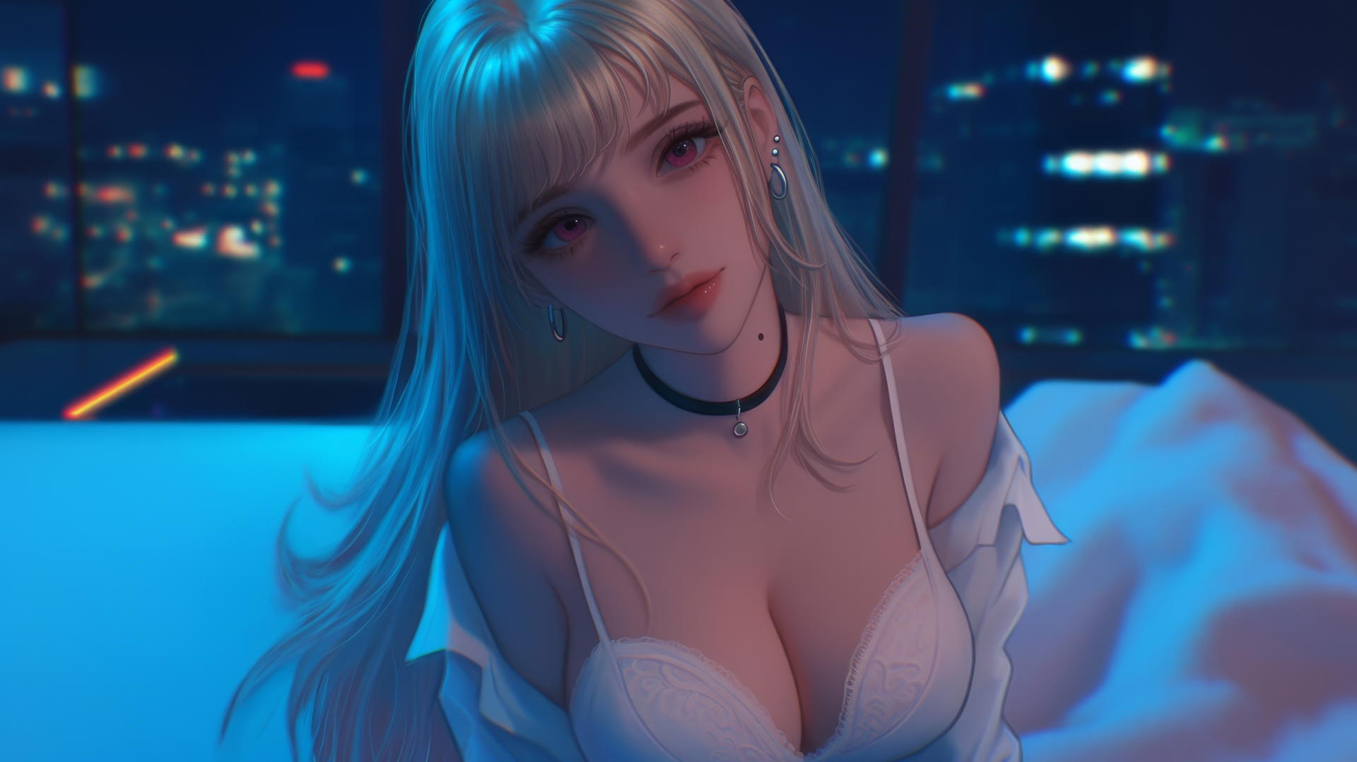 Marin Kitagawa kneeling, looking up, neon glow, pinkish eyes, blonde hair