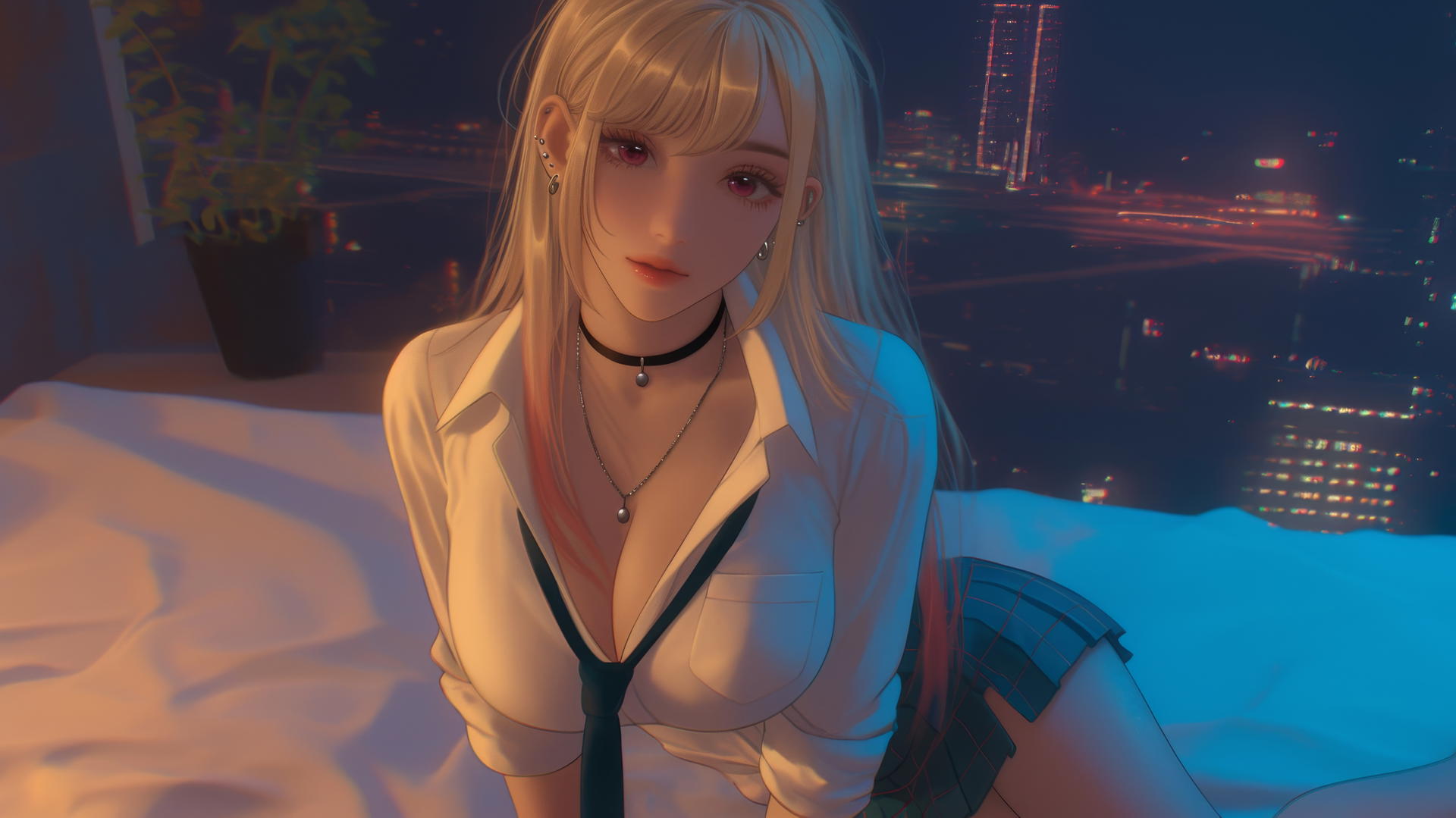 Marin Kitagawa kneeling in a modern hotel room with neon lighting, looking up.