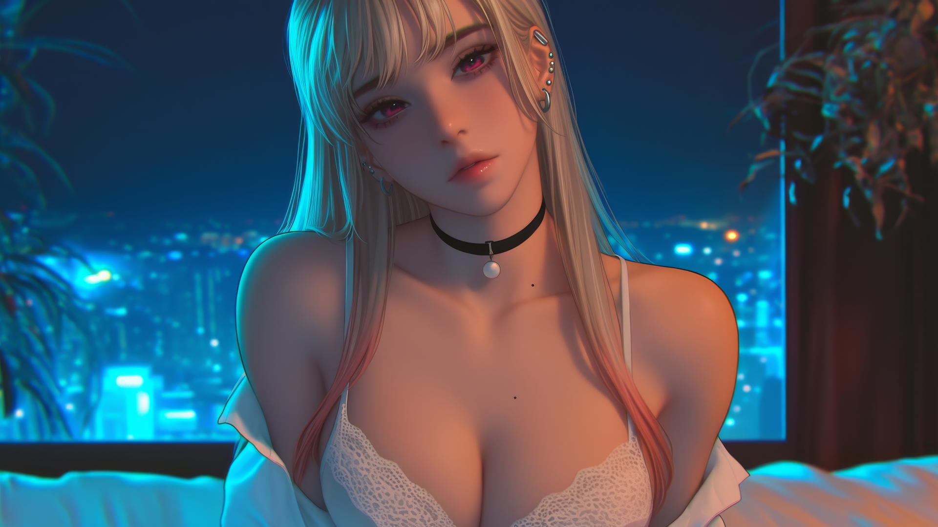 Marin Kitagawa kneeling in modern hotel room with neon light glow
