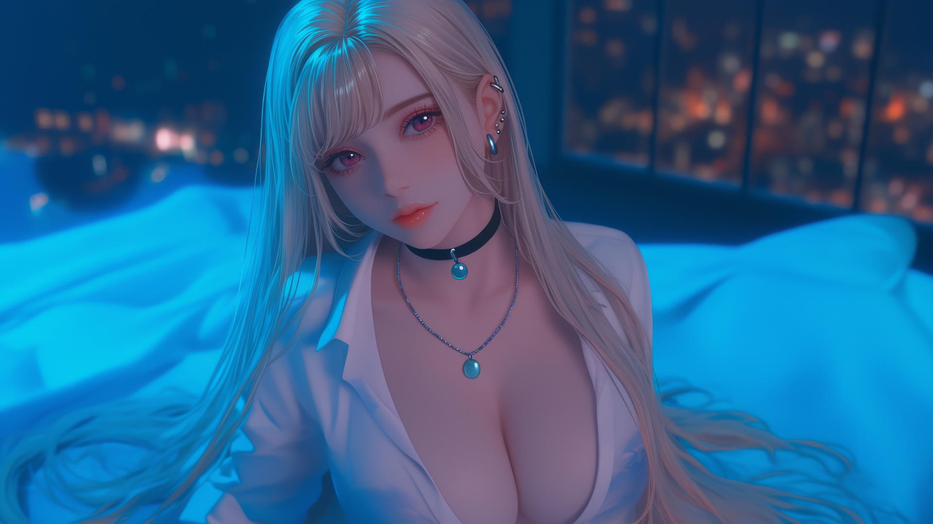 Marin Kitagawa kneeling, looking up in neon-lit modern hotel room. Silky blonde hair with pinkish-red tips, pinkish eyes.