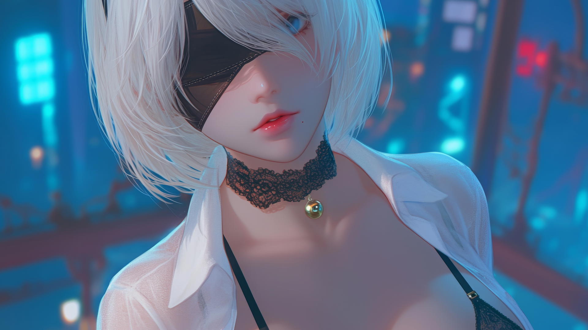 2B from Nier in white office shirt and black blindfold, neon-lit hotel room.