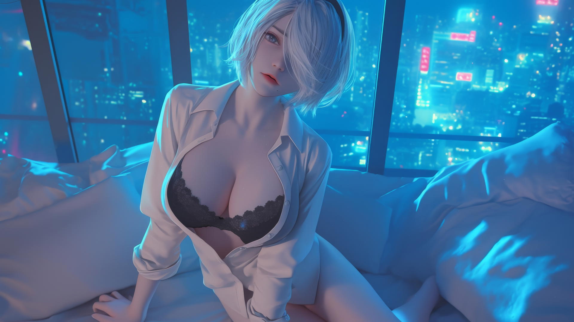 2B from Nier kneeling, looking up with a white shirt and black blindfold
