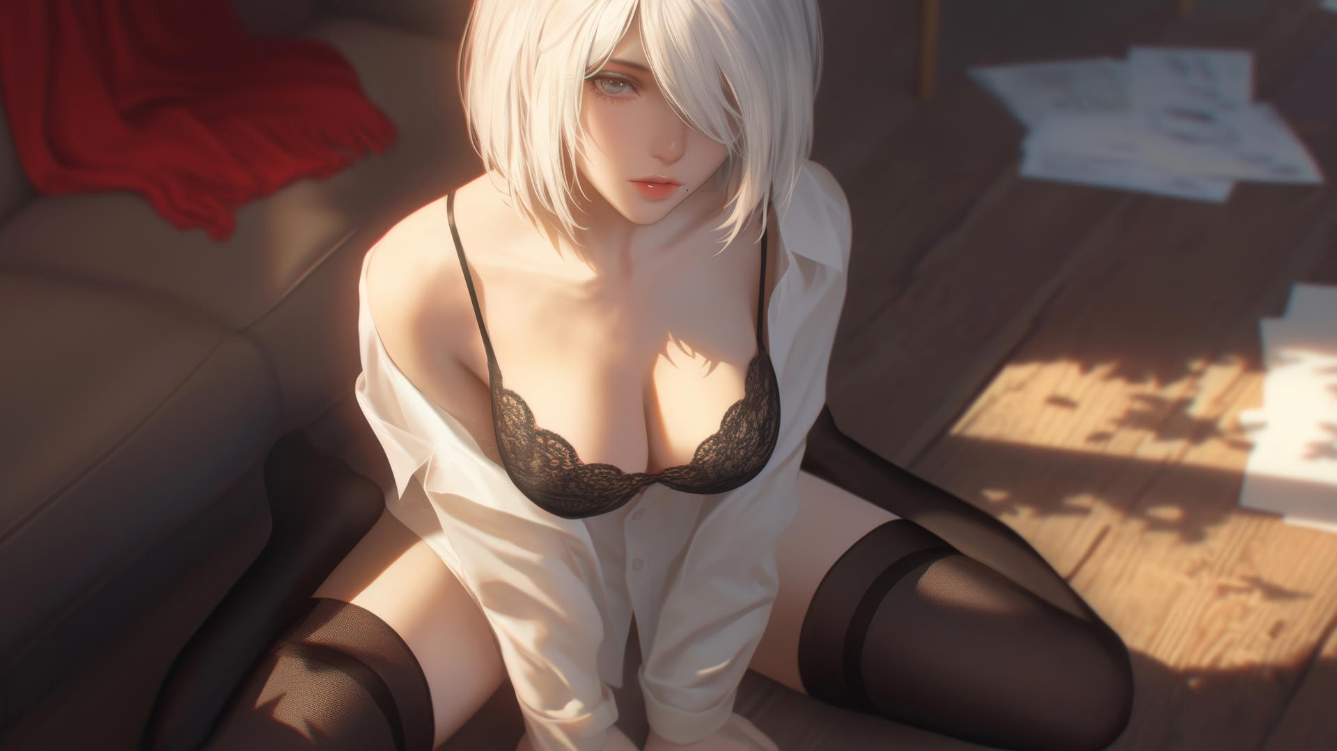 2B from Nier in a white office shirt, kneeling, looking up, in a neon-lit hotel room.