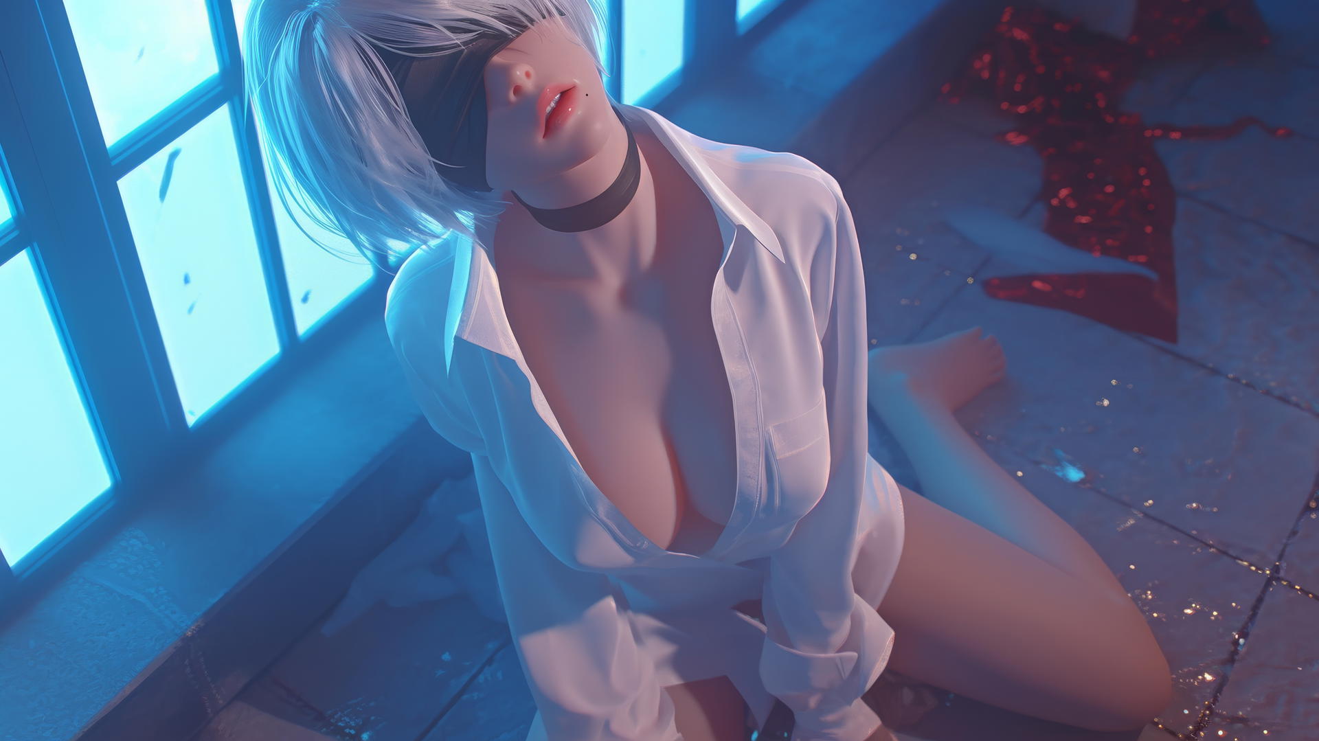 2B from Nier in white office shirt kneeling and looking up, wearing a black blindfold in a neon-lit hotel room.