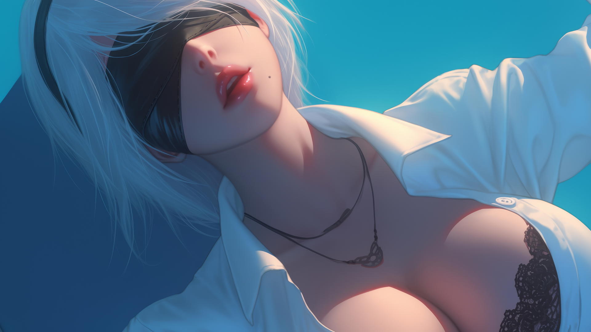 2B from Nier in a modern hotel room, kneeling, looking up, in a white shirt with a black blindfold.