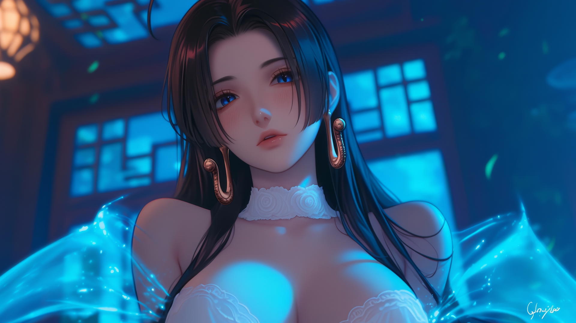 Boa Hancock kneeling, looking down, in a modern hotel room with neon light glow