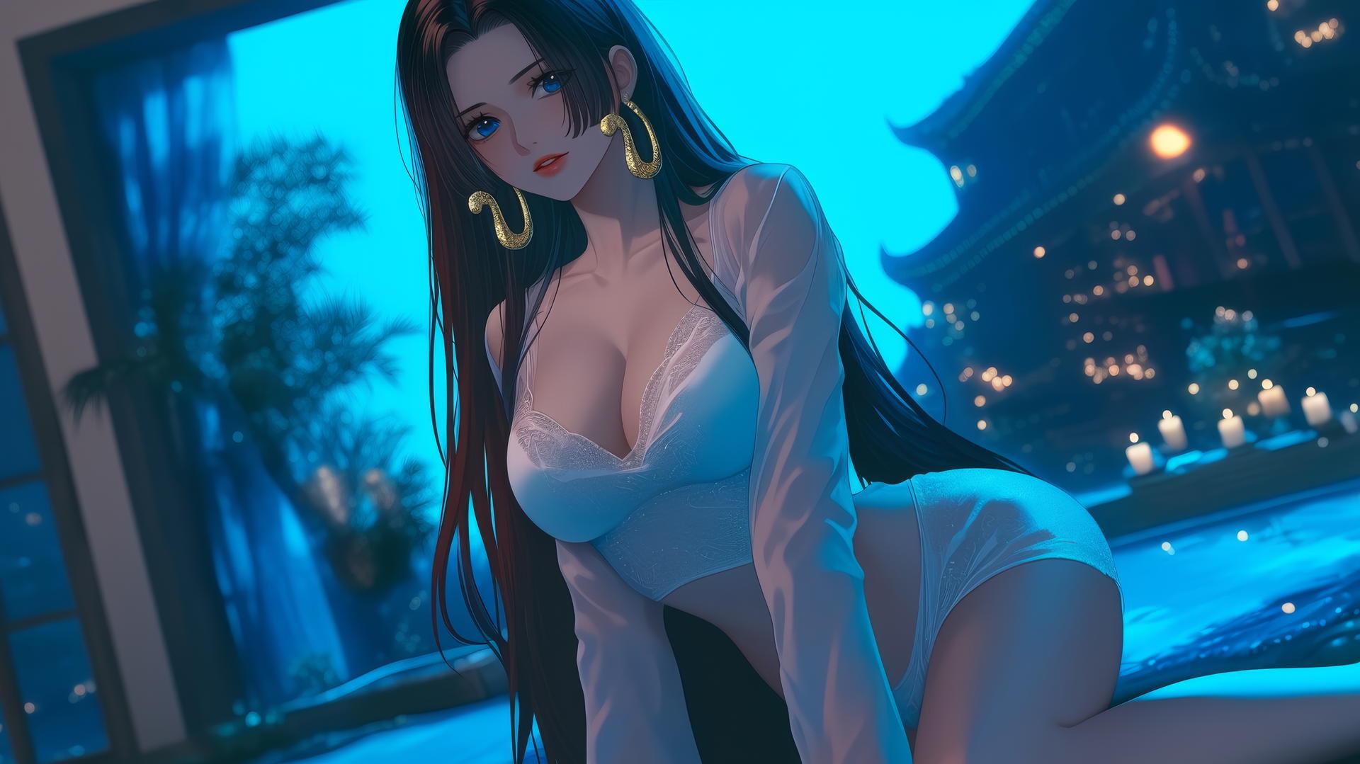 Boa Hancock from One Piece kneeling and looking down, soft neon hotel room glow