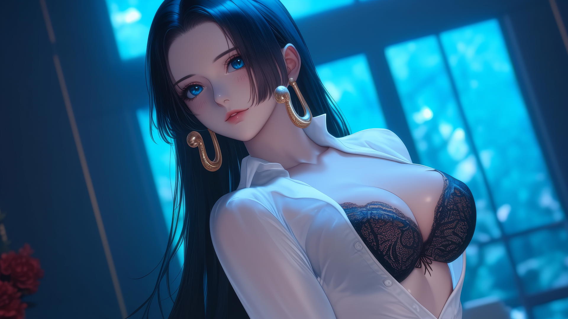 Boa Hancock from One Piece kneeling, looking down, with soft neon glow in a modern hotel room.