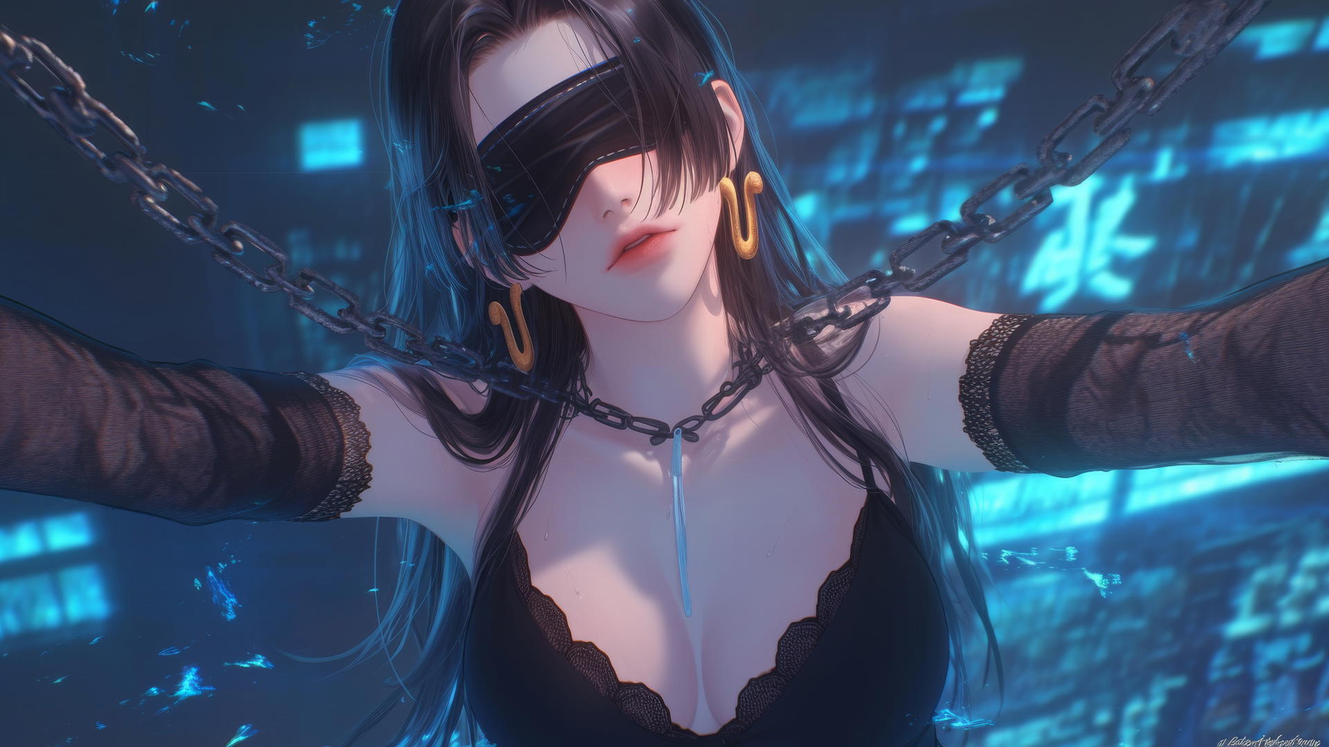 Boa Hancock kneeling, blindfolded with chains, neon-lit hotel room