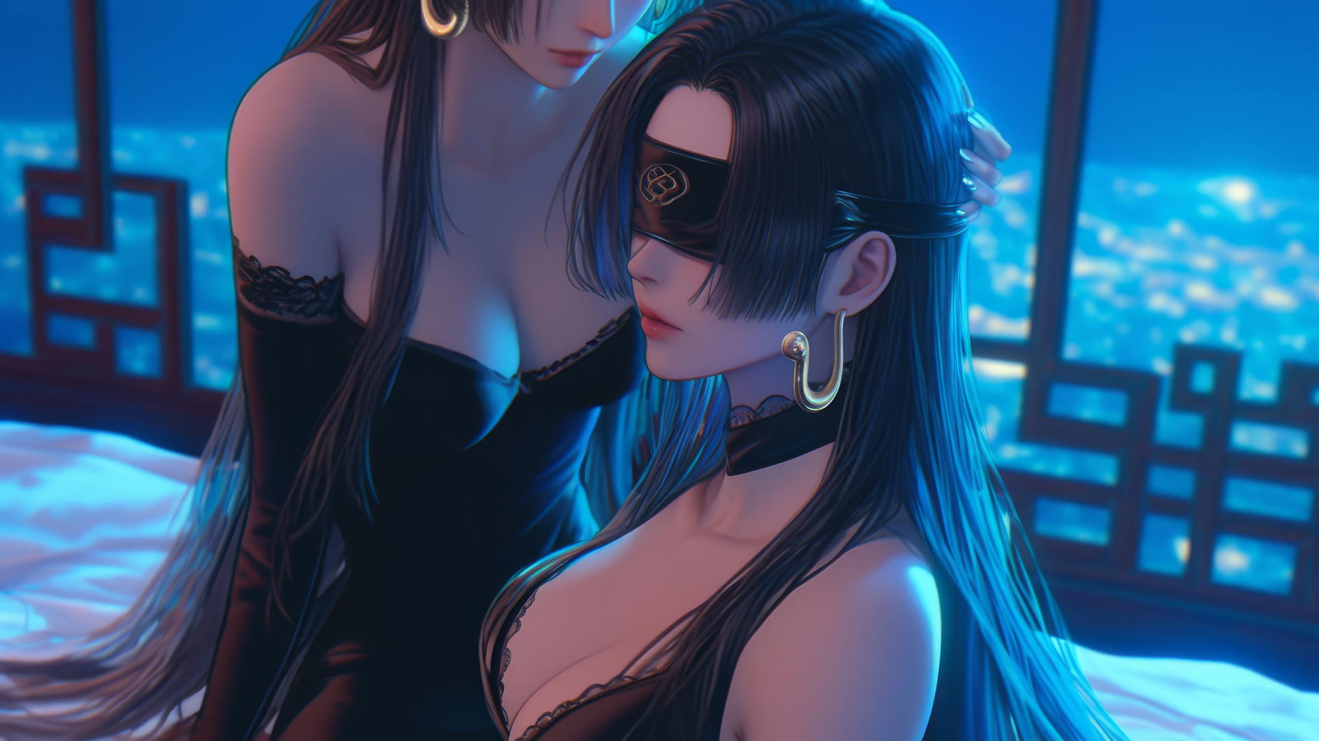 Boa Hancock kneeling, blindfolded, in a neon-lit hotel room