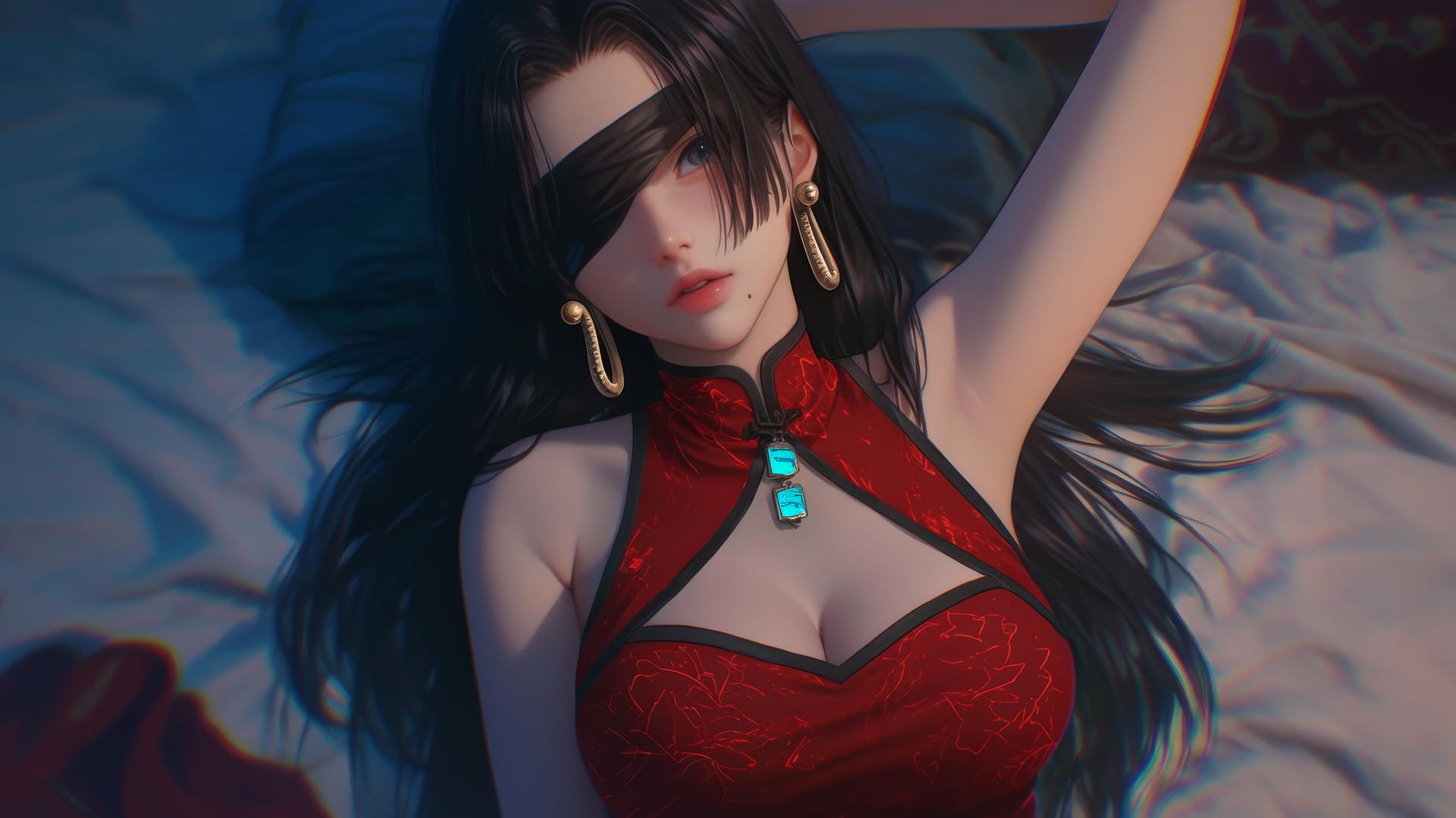 Boa Hancock kneeling in a brightly lit room, blindfolded and chained, with romantic neon lights