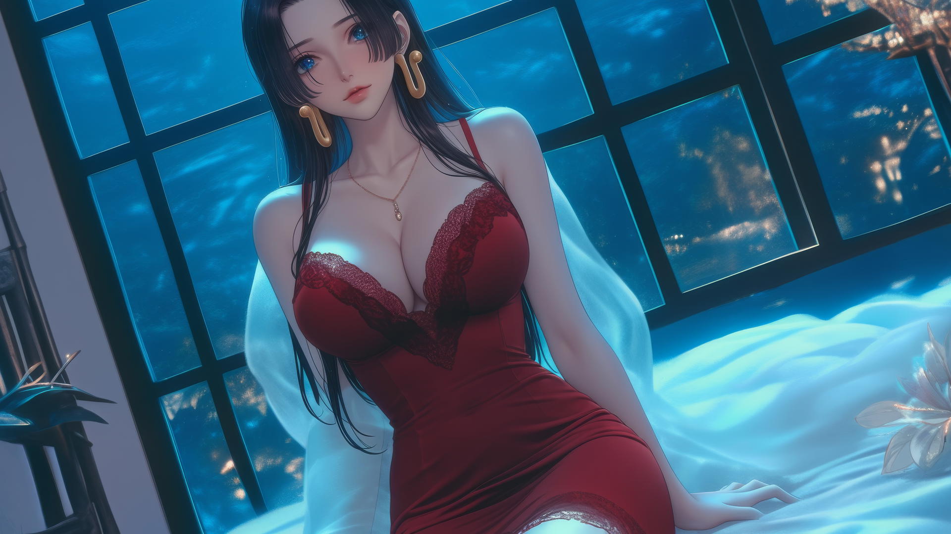 Boa Hancock from One Piece kneeling in a modern hotel room with neon light