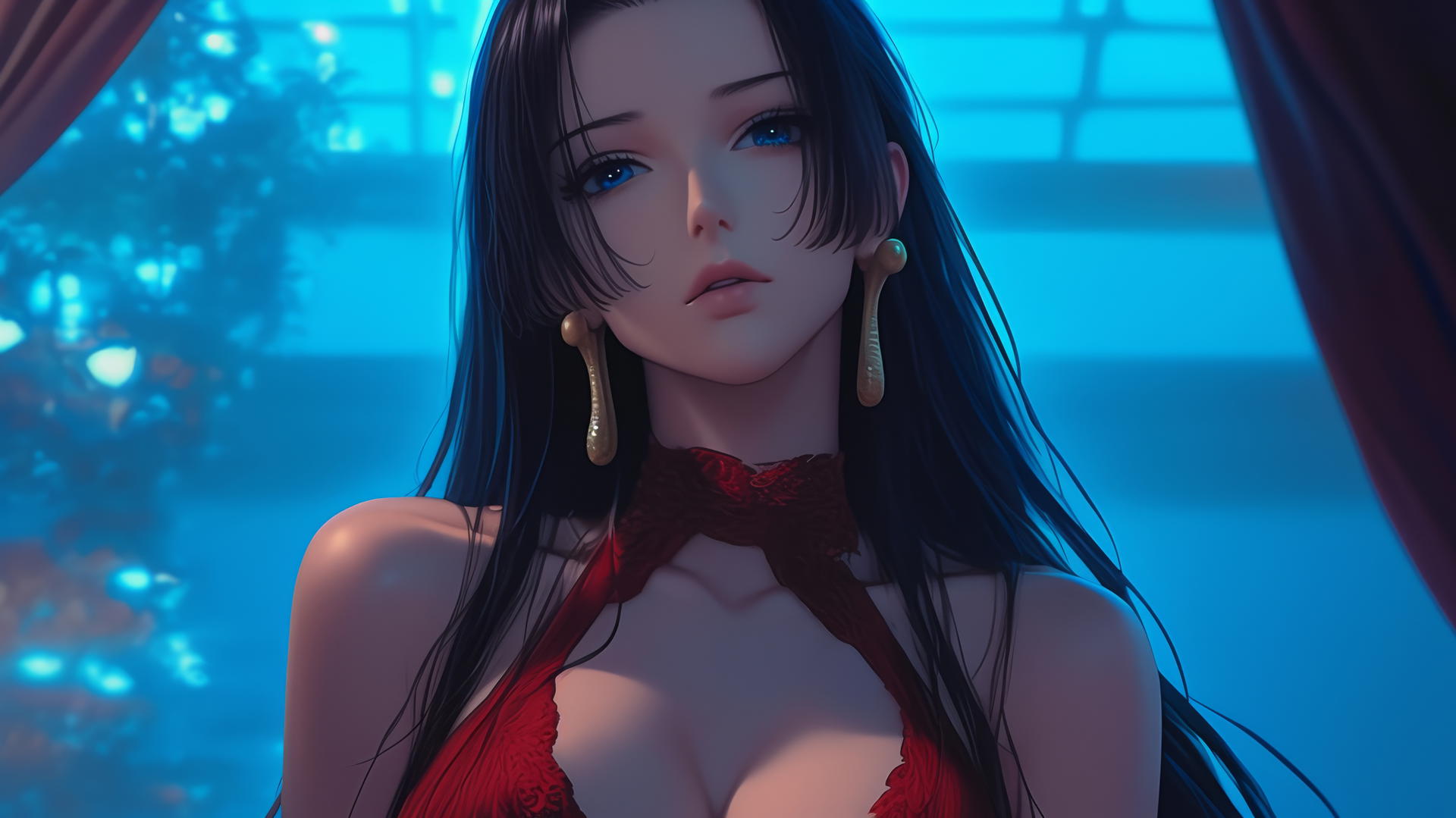 Boa Hancock from One Piece kneeling and leaning forward with a ceiling and neon lights background.