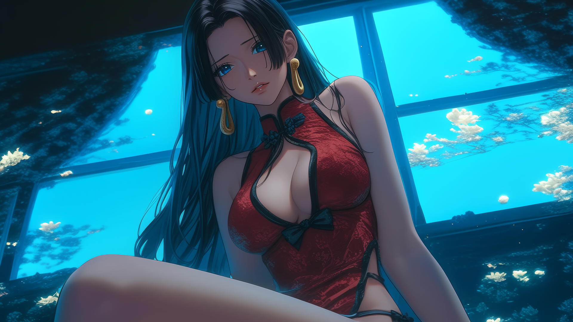 Boa Hancock from One Piece, kneeling and leaning forward, under a neon-lit ceiling.