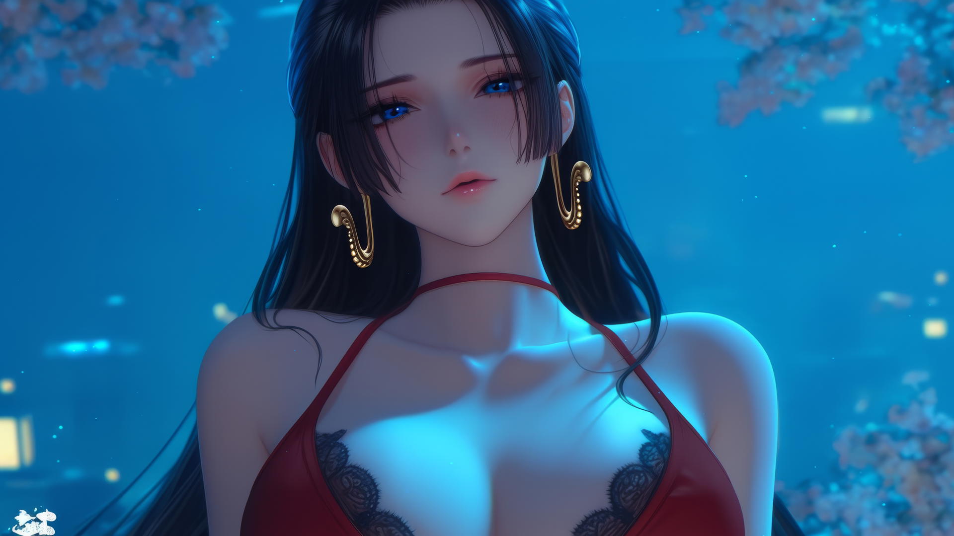 Boa Hancock from One Piece kneeling, looking down with neon light glow.