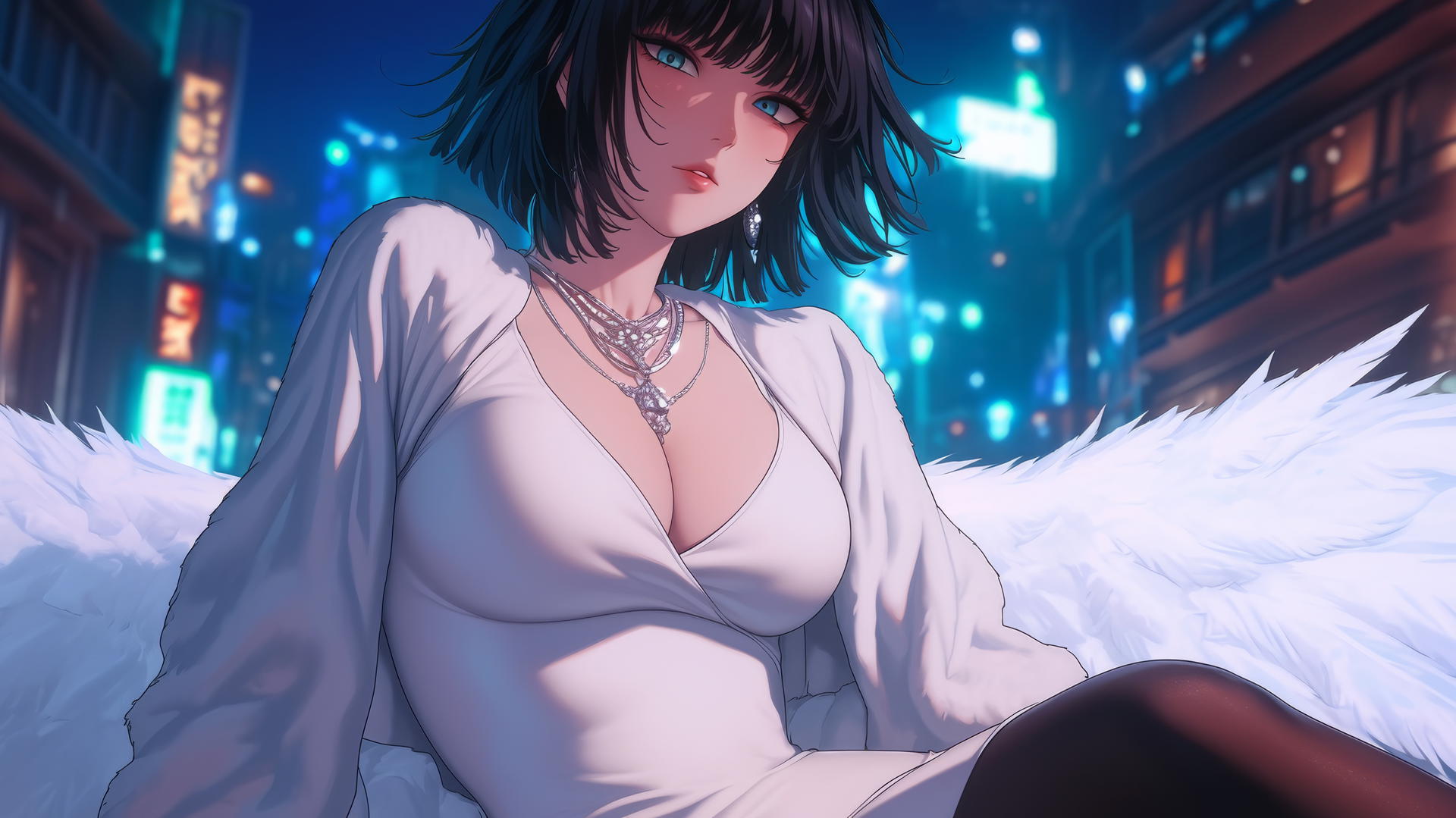 Fubuki from One Punch Man kneels, hands on shoulder, with neon-lit hotel ceiling.
