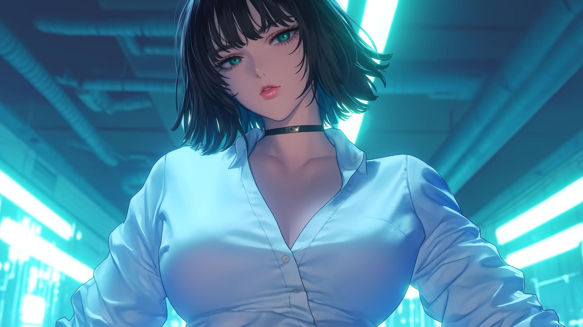 Fubuki from One Punch Man in white office shirt, leaning and kneeling with neon-lit hotel ceiling behind.