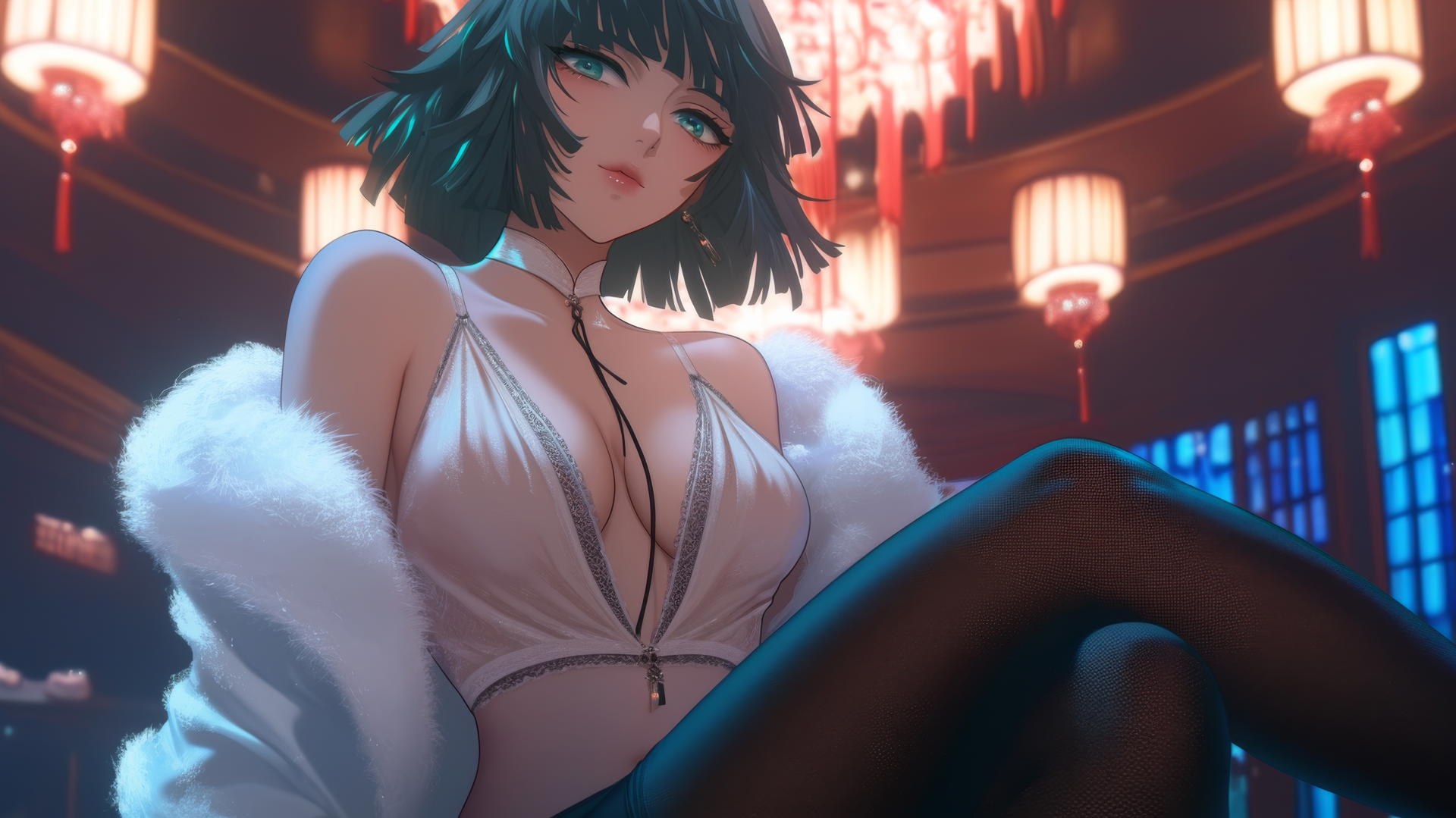 Fubuki from One Punch Man kneeling, leaning down, with neon-lit hotel ceiling.