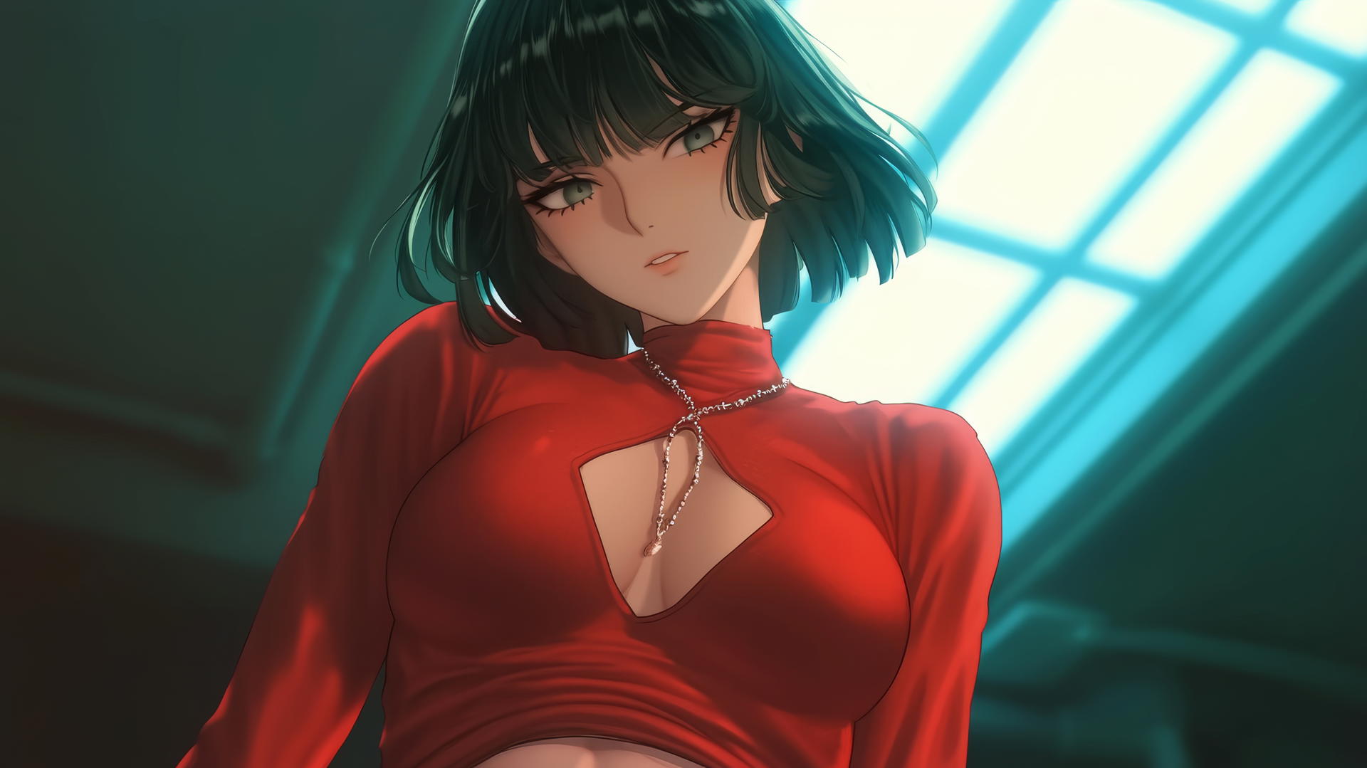 Fubuki from One Punch Man kneeling, viewed from below with a hotel ceiling background