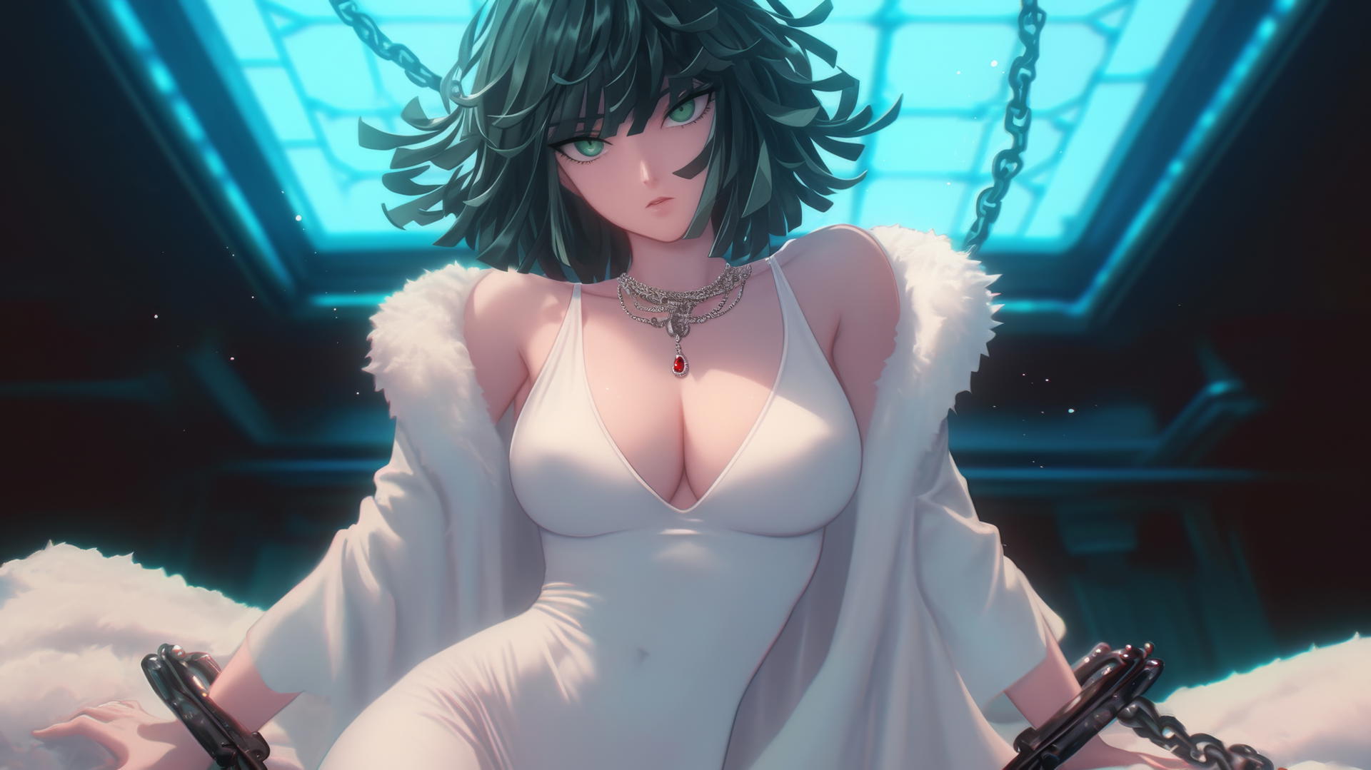 Fubuki from One Punch Man kneels, chained, with neon-lit hotel ceiling in background.