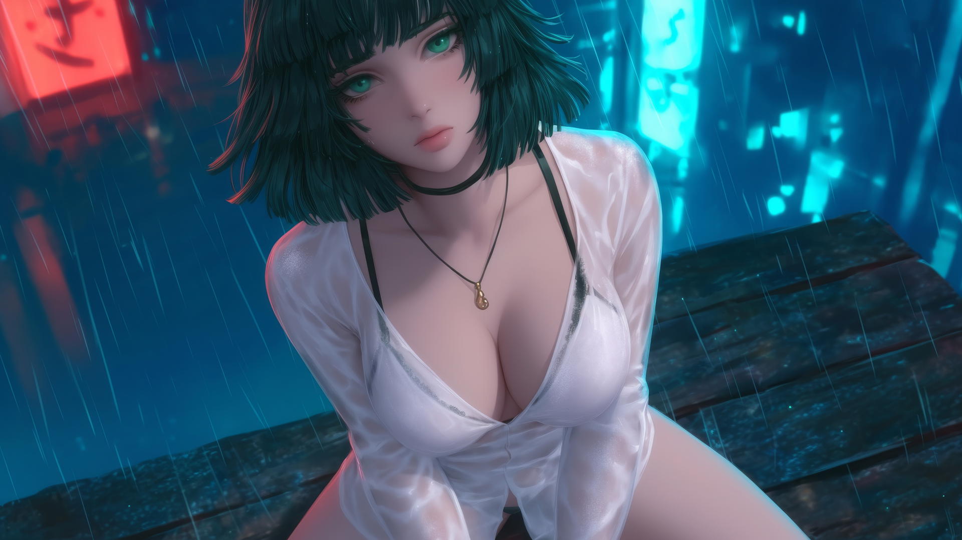 Fubuki from One Punch Man kneeling, looking up, in rainy neon-lit hotel room.