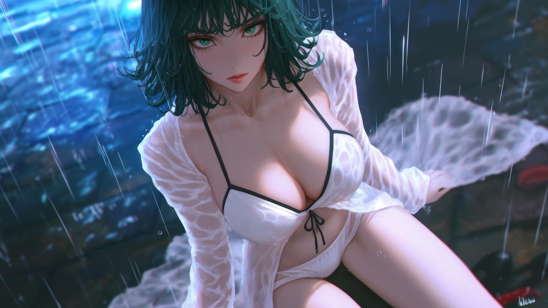 Fubuki from One Punch Man kneeling, looking up, in a rainy room with neon light.