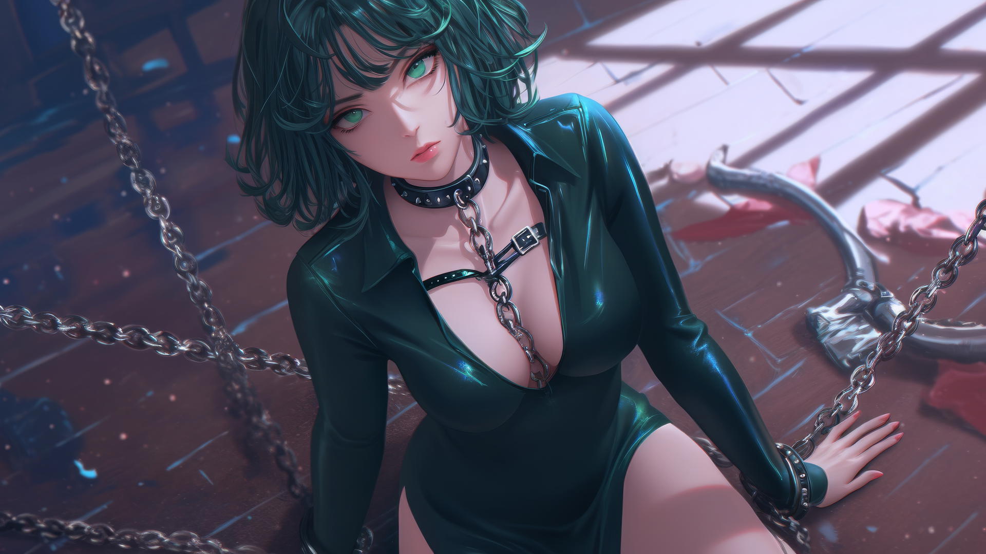 Fubuki from One Punch Man kneeling, chained, in a neon-lit hotel room, wearing leather.