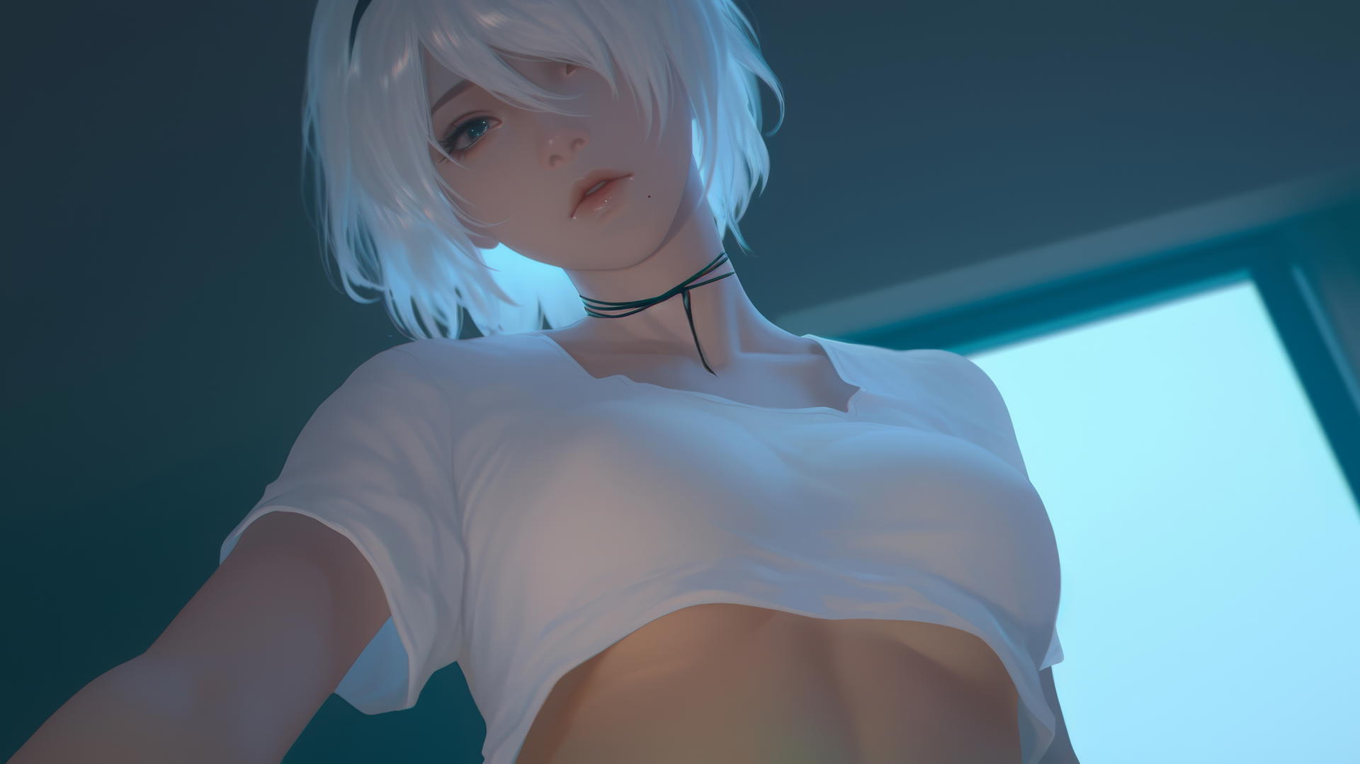 2B from Nier in a broken white t-shirt, kneeling and looking down, under a neon-lit hotel ceiling.