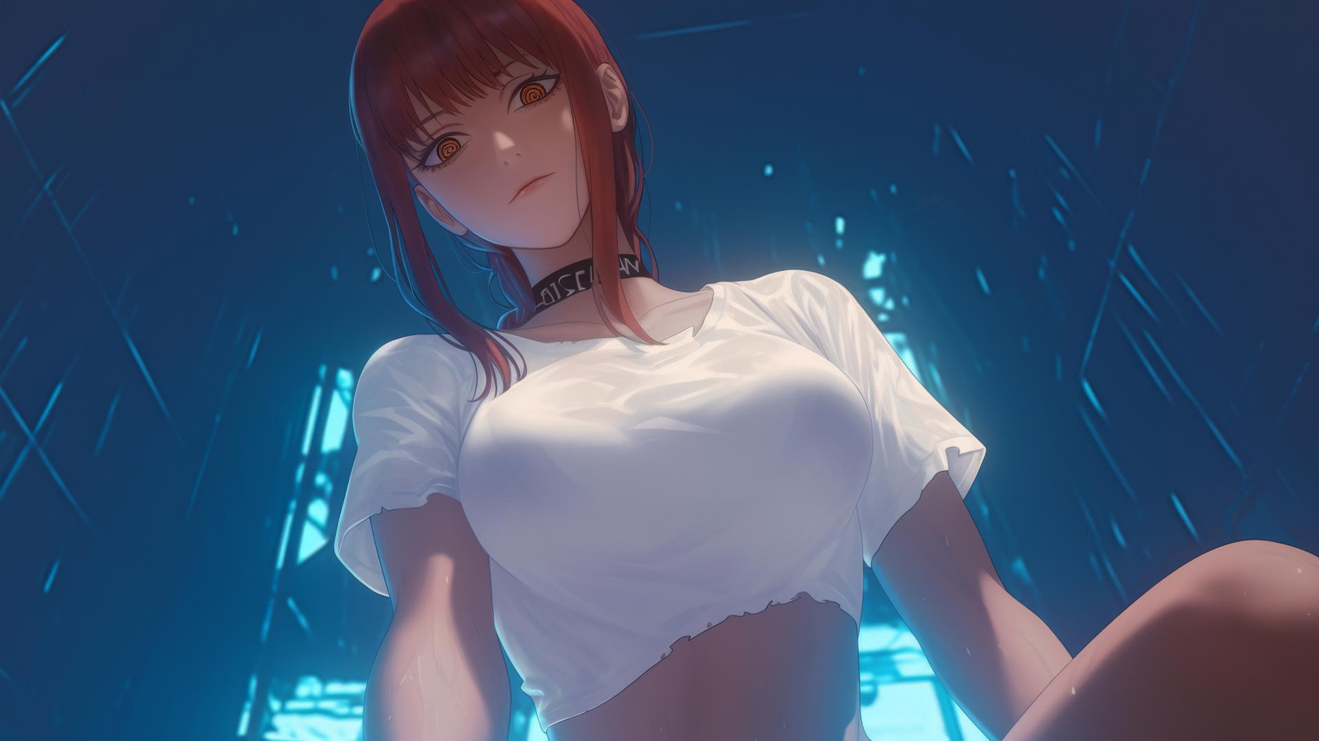 Makima from Chainsaw Man, wearing torn white T-shirt, kneeling under neon-lit hotel ceiling.
